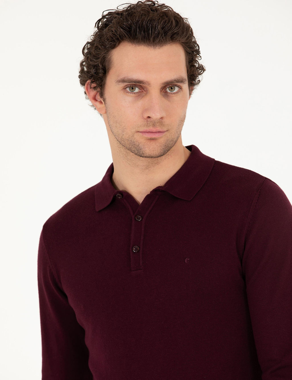 Бордово-красный базовый трикотажный свитер с воротником-поло приталенного кроя - Cacharel фото 2
