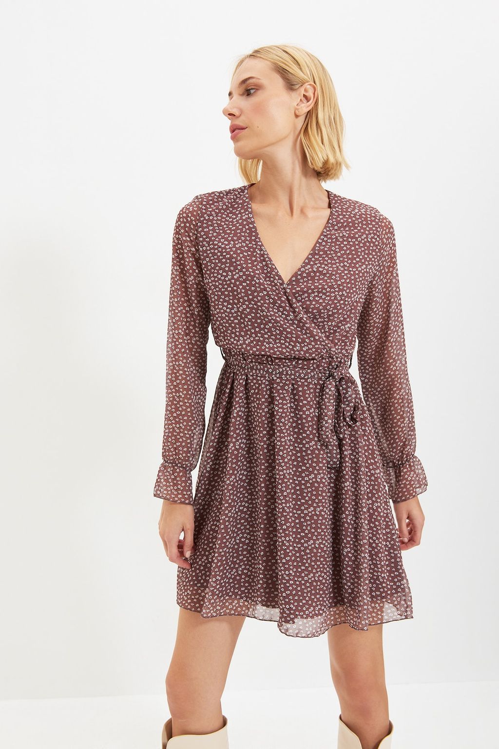 Kahverengi Kusakl? Kruvaze Astarl? Mini Sifon Dokuma Elbise TWOAW20EL1628