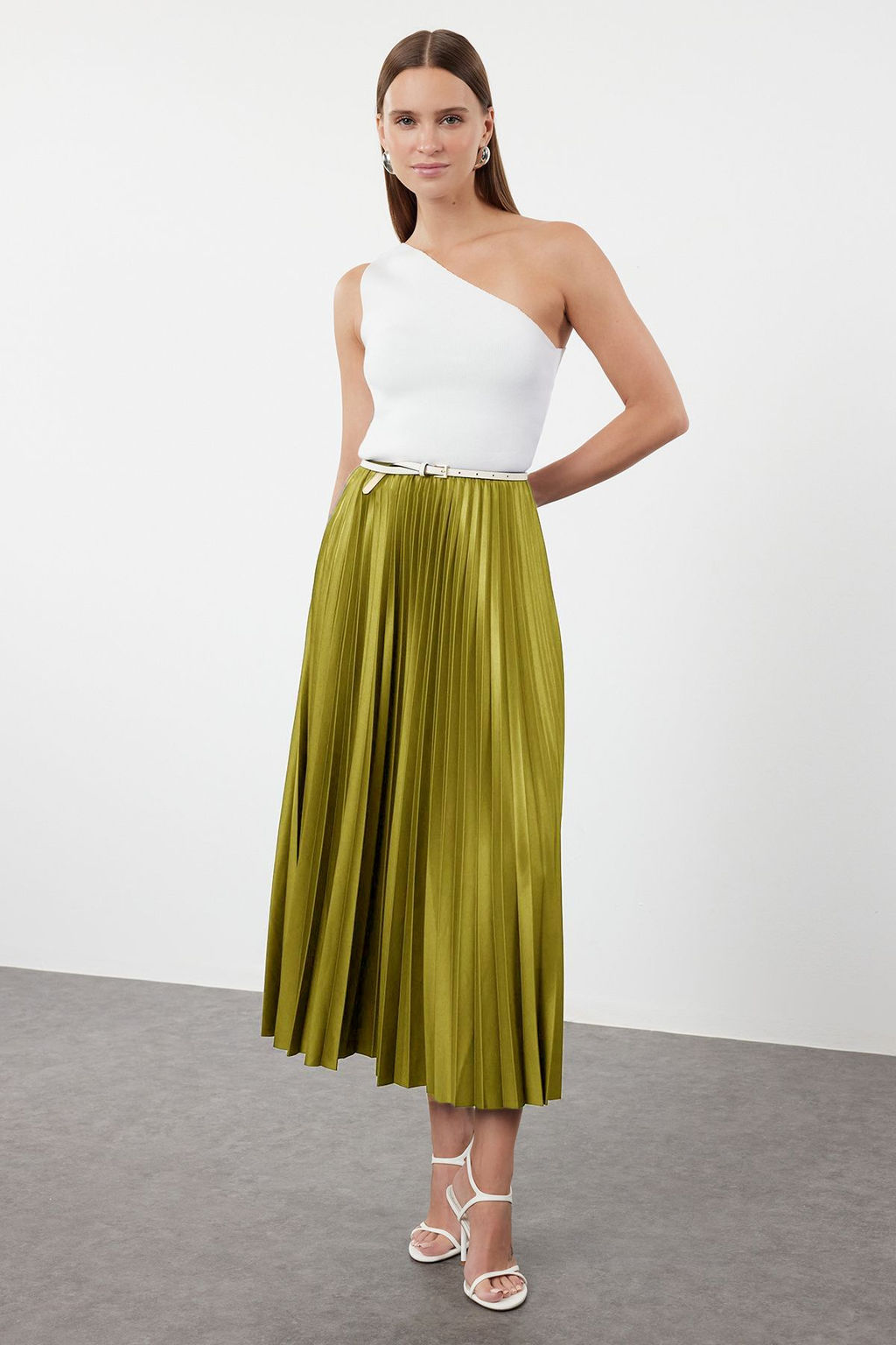 Yag Yesil A Kesim/Can Form Piliseli Maxi Esnek Orme Etek TWOSS24ET00041