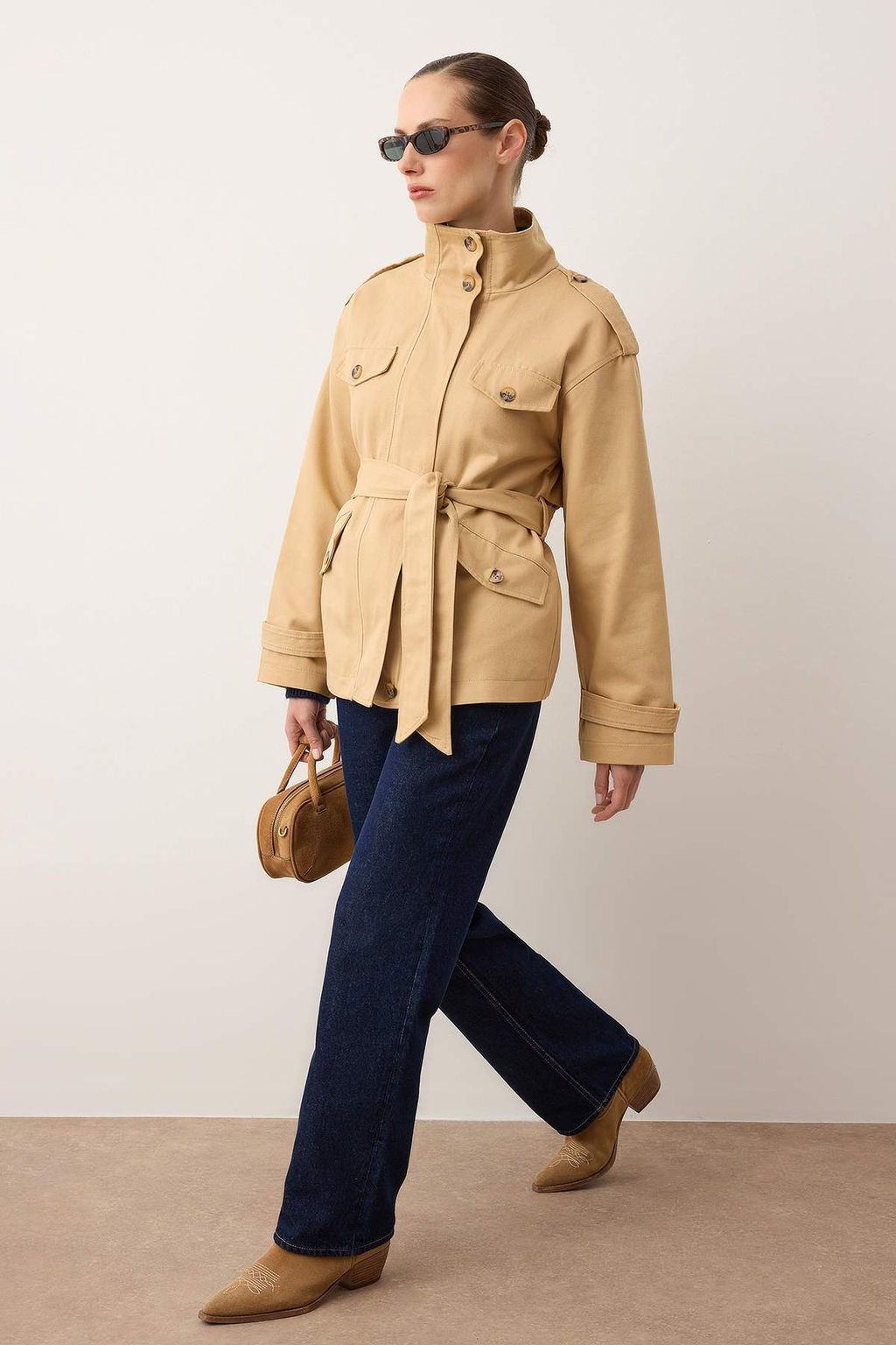 Bej Dik Yaka Cep Detayl? Mono Kapama Oversize Midi Trenckot TWOAW26TR00024 - Trendyolmilla фото 2