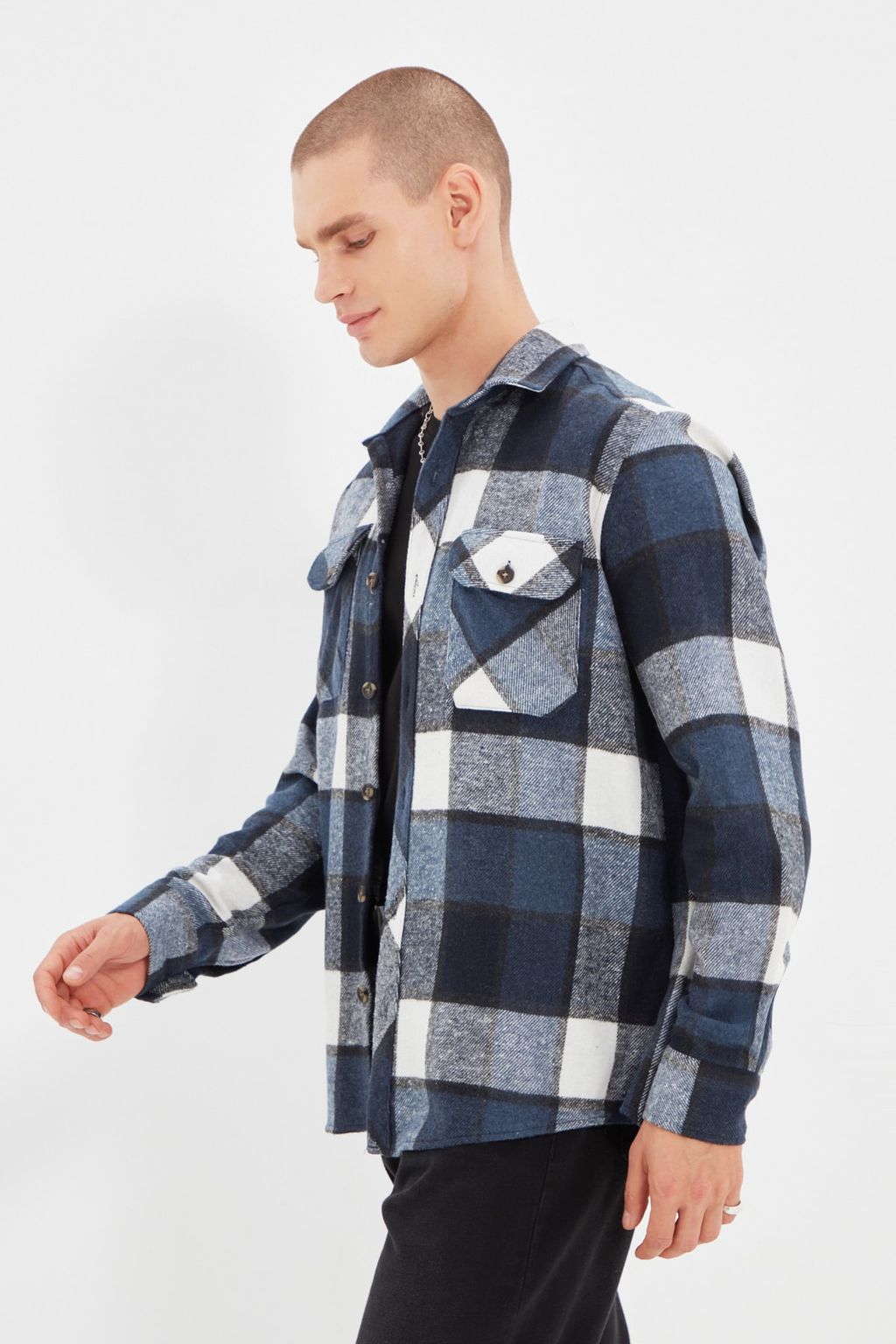 TRENDYOL MAN Mavi Regular Fit Cift Cepli K?sl?k Kareli Ekose Oduncu Ceket Gomlek TMNAW21GO1166 - Trendyolmilla фото 2