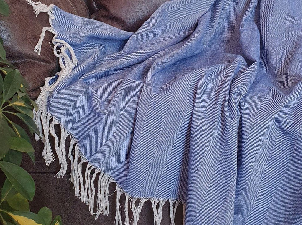 Плед хлопковый 150*200 жаккард "Ёлочка" цв. синий