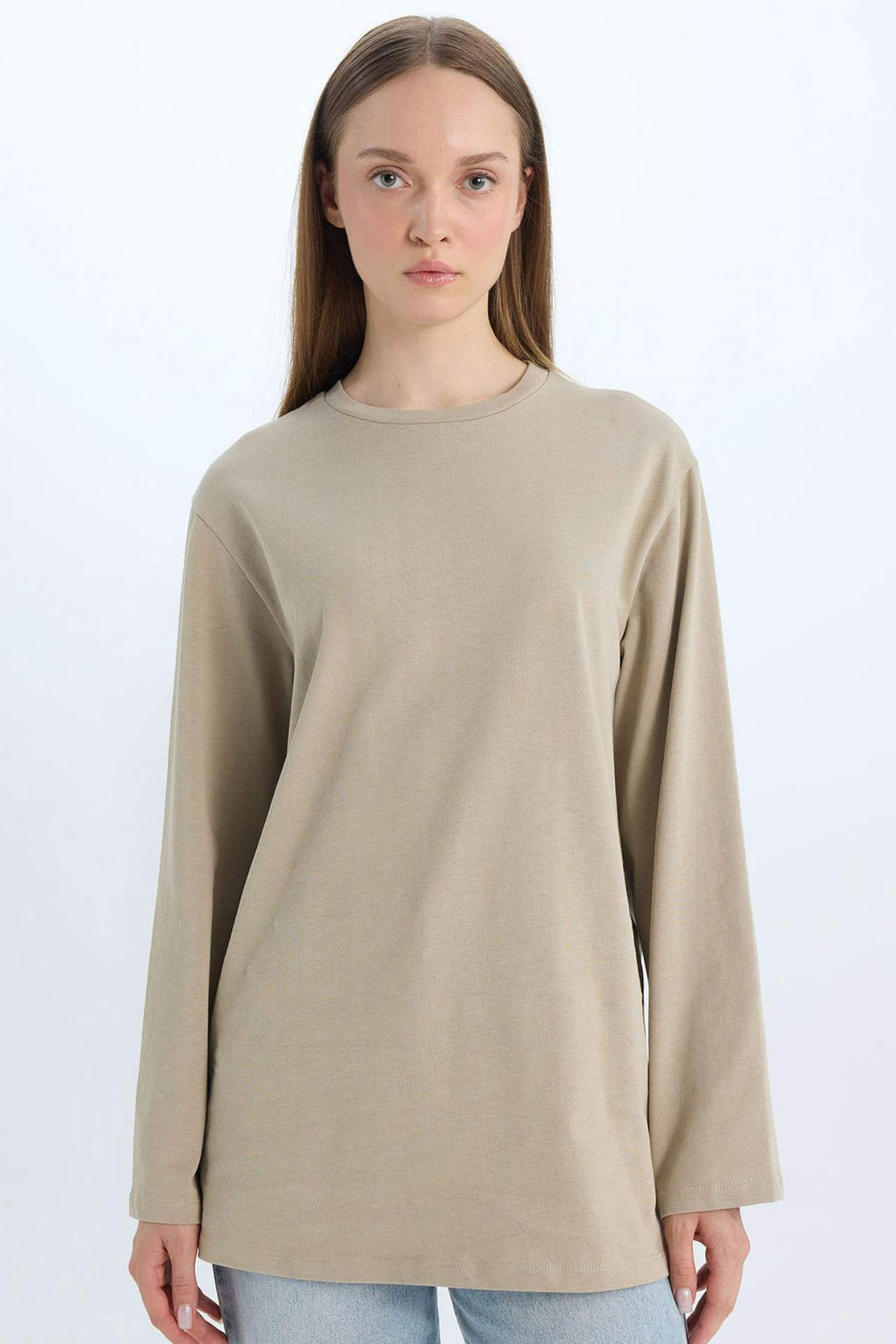 Regular Fit Bisiklet Yaka Basic Duz Uzun Kollu Tisort Tunik - Defacto фото 6