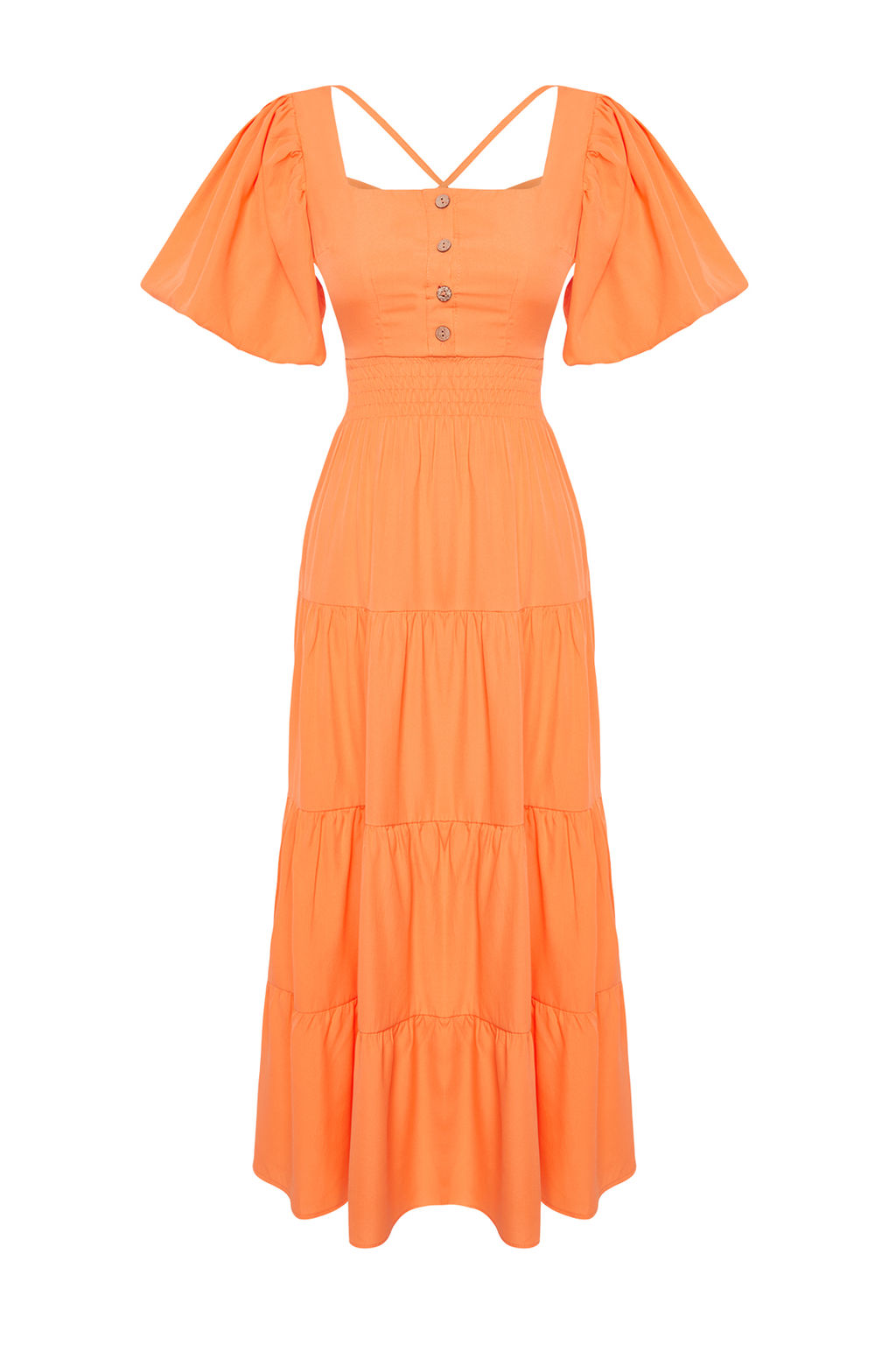 Turuncu Belden Ac?lan Gipe ve S?rt Detayl? Kare Yaka Maxi Dokuma Elbise TWOSS24EL00431