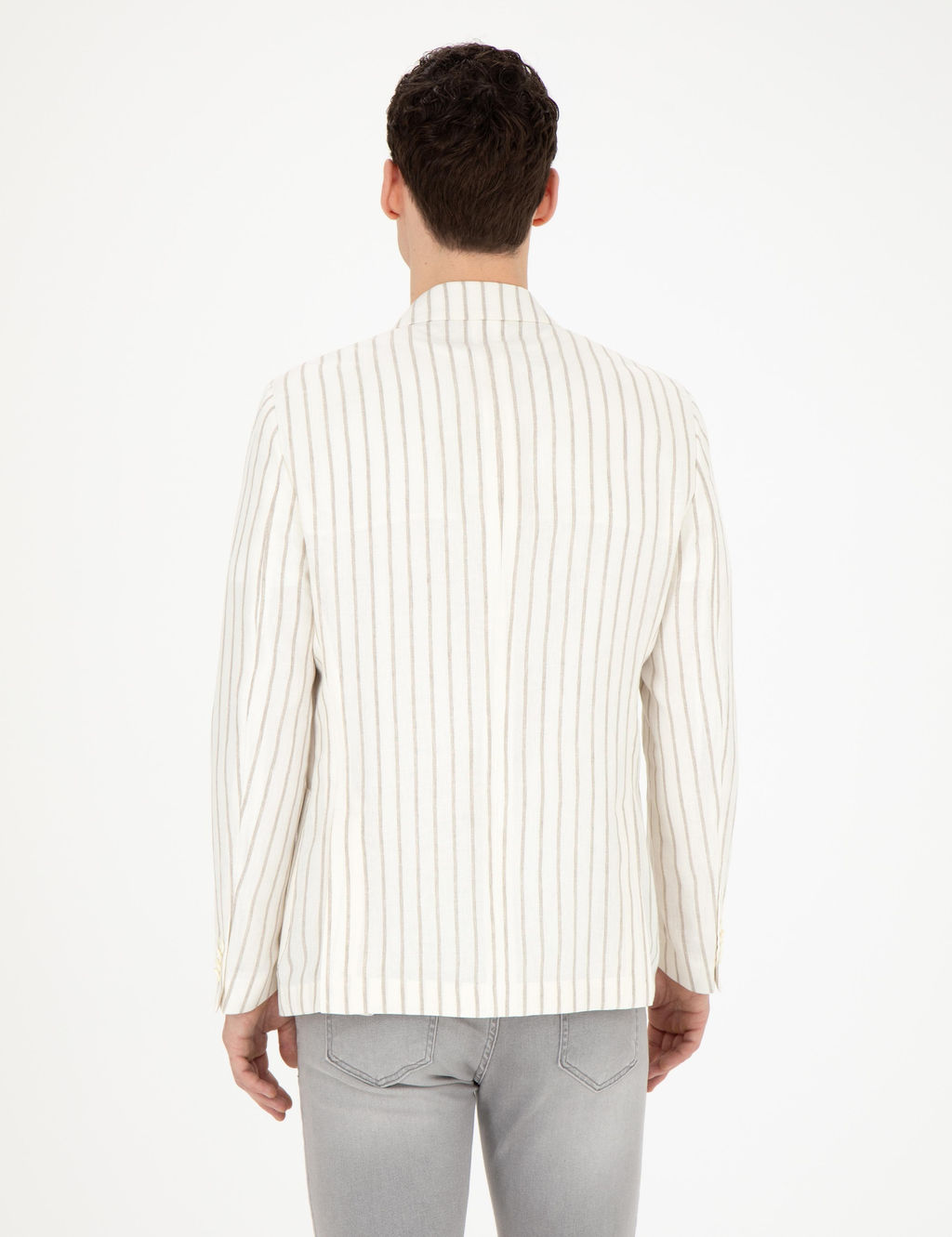 Ekru Slim Fit _izgili Keten Kruvaze Ceket