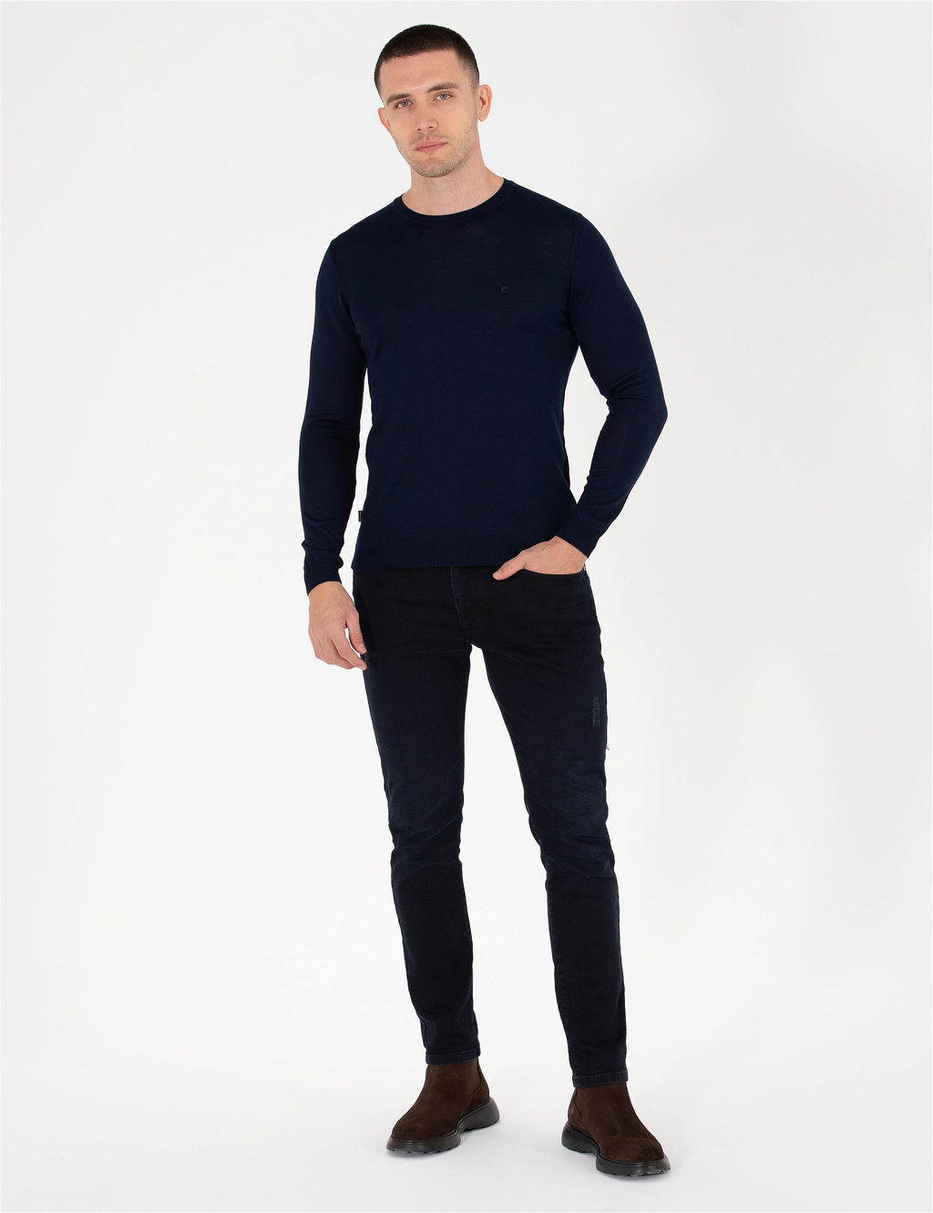 Lacivert Slim Fit Bisiklet Yaka Y_n Kar___ml_ Basic Triko Kazak