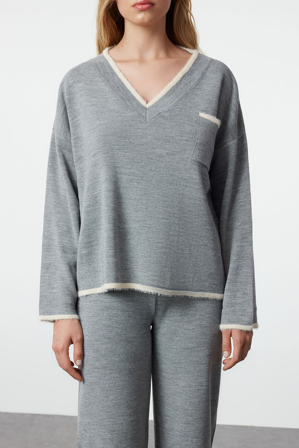 Antrasit Genis Kal?p Tuylu Iplik Triko Alt-Ust Tak?m TWOAW24AU00099