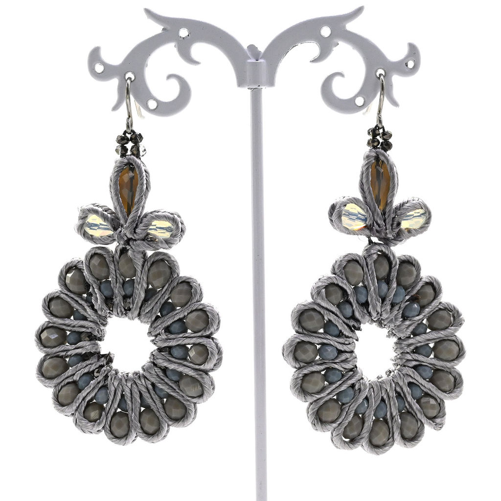 Серьги ручной работы с цирконами в оплетении цв.серый