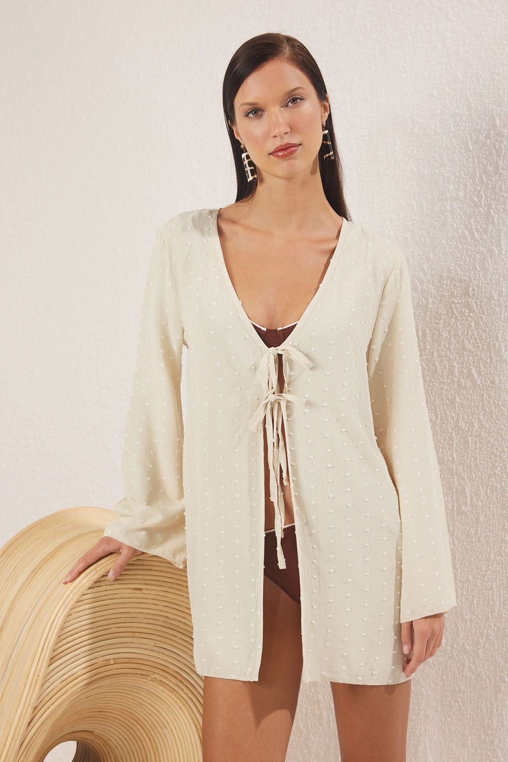 Bej Midi Dokuma Baglama Detayl? Plaj Kimono&Kaftan TBESS25KM00031 - Trendyolmilla фото 3