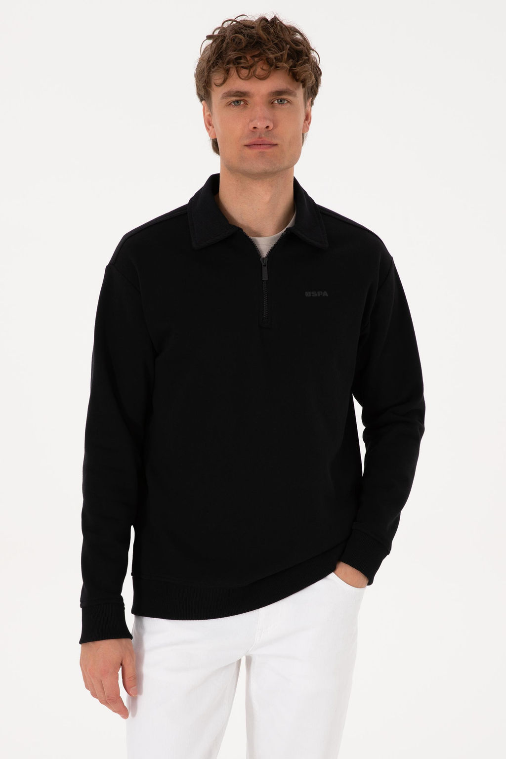 Erkek Regular Fit Yar_m Fermuarl_ Siyah Basic Sweatshirt