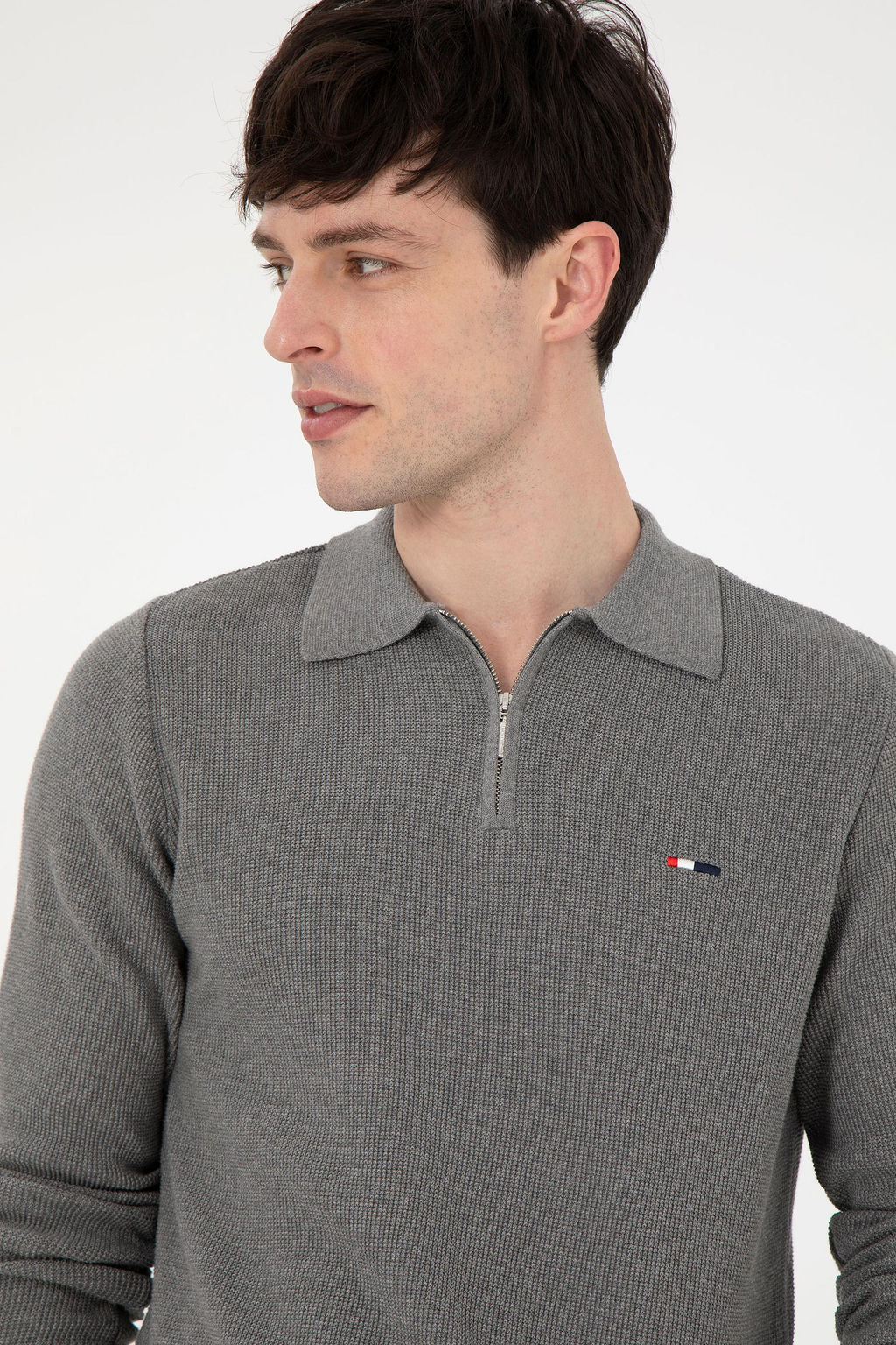 Erkek Regular Fit Yar_m Fermuarl_ Gri Melanj Basic Kazak - U.s. polo assn фото 2