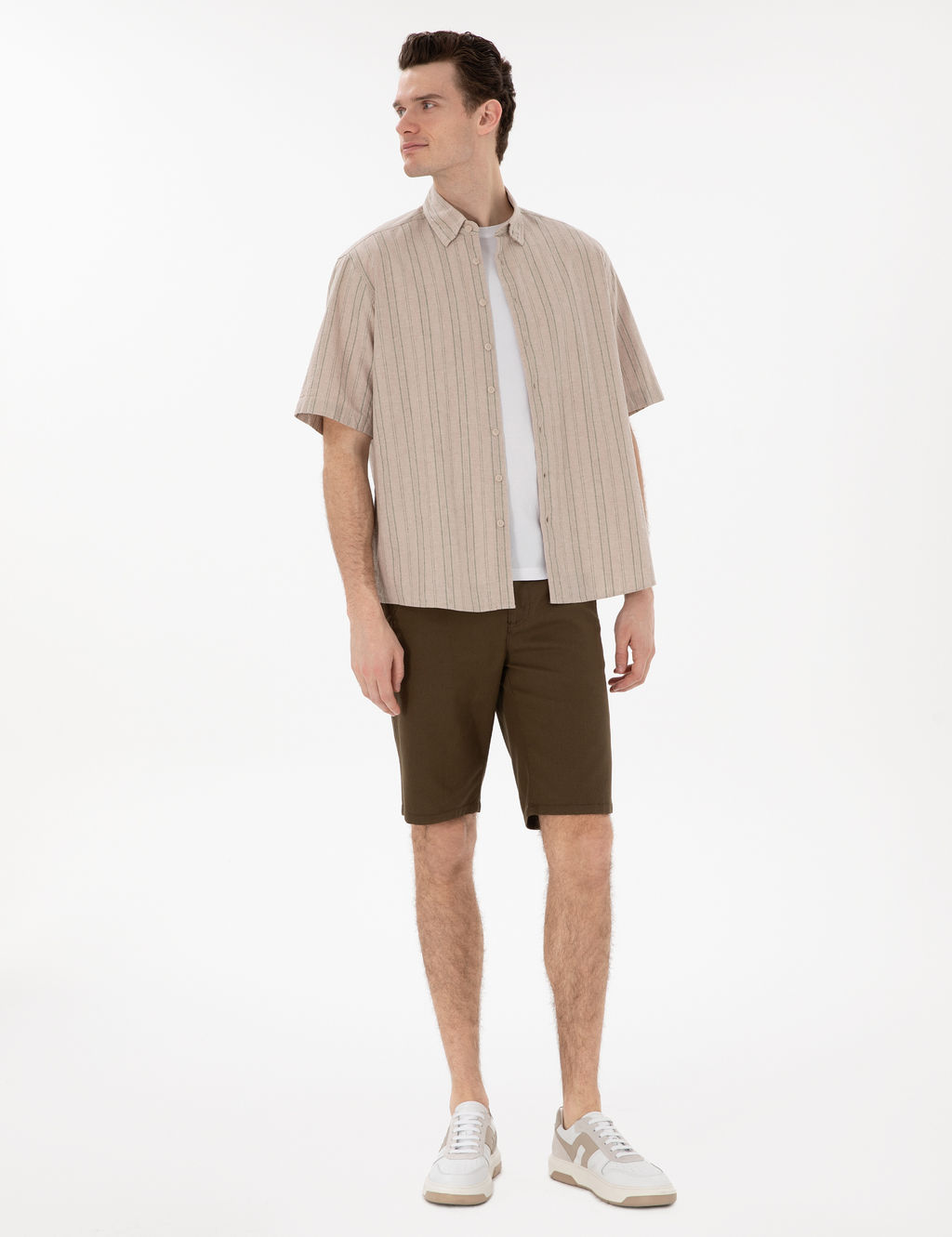 Haki Keten Kar___ml_ Oversize Rahat Kesim K_sa Kollu G_mlek