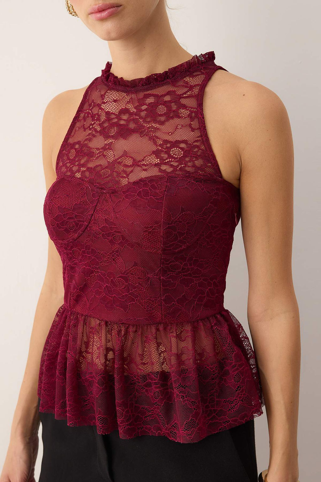 Koyu Bordo Dantel Peplum Detayl? Party Bluz TPRAW26BZ00008