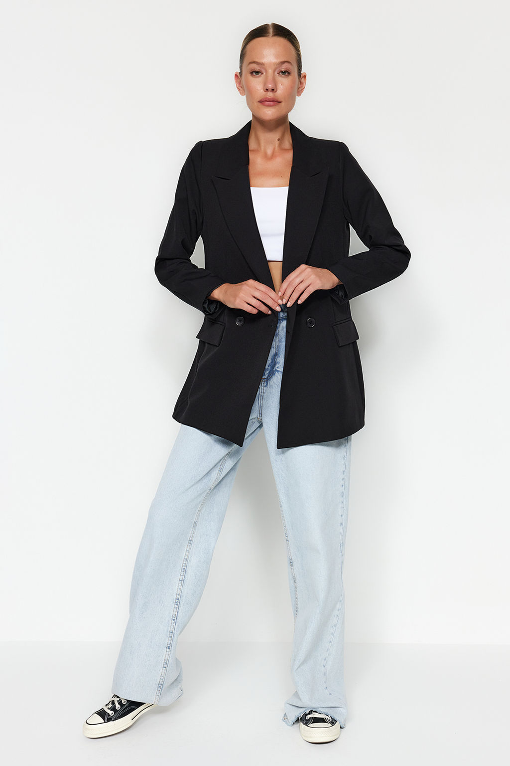 Siyah Regular Astarl? Kruvaze Kapama Dokuma Blazer Ceket TWOSS20CE0059
