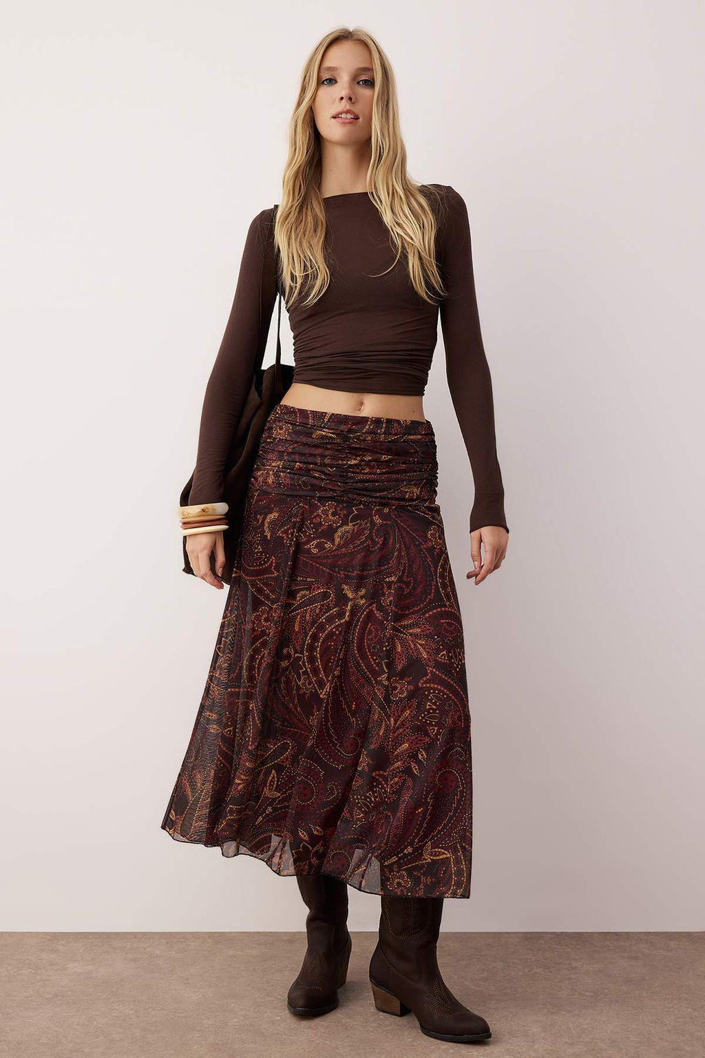 Cok Renkli Maxi Buzgu/Drape Detayl? Boho/Boho Chic Baskl?l? Tul Esnek Orme Etek TWOAW26ET00122