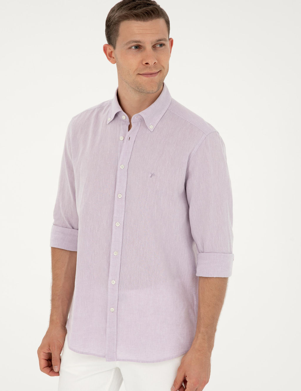 Рубашка приталенного кроя из смесового льна сиреневого цвета с длинным рукавом - Cacharel фото 3