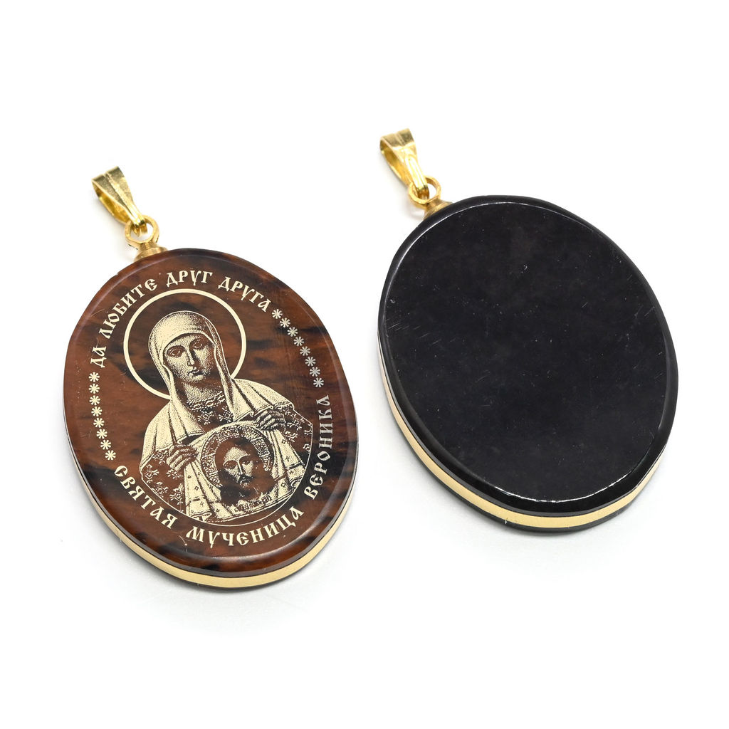 Кулон из обсидиана овал с окантовкой " Св.Вероника " 20*30мм