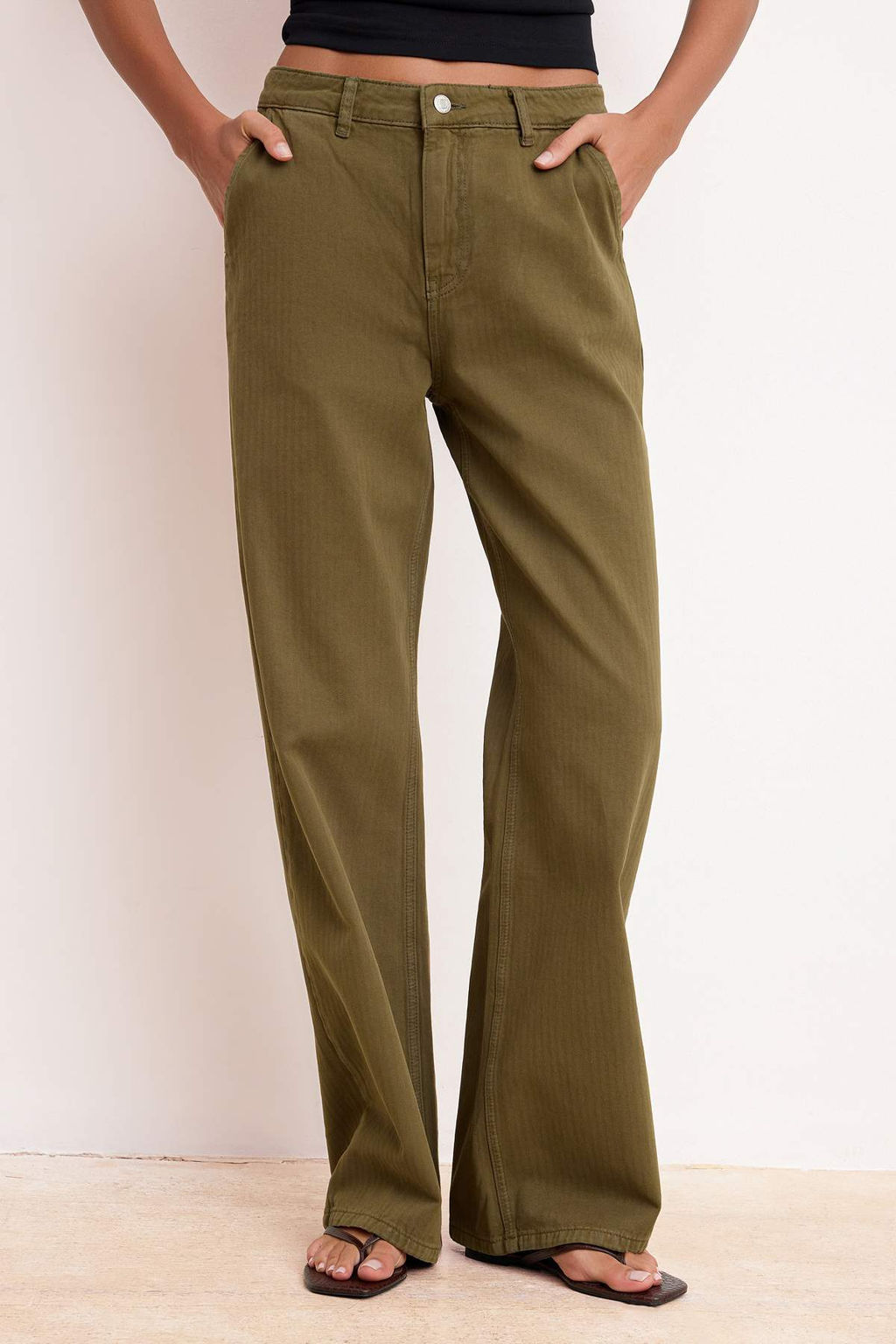 Haki DOKUMLU Yuksek Bel %100 Pamuk Wide Leg Jeans TWOSS26JE00014