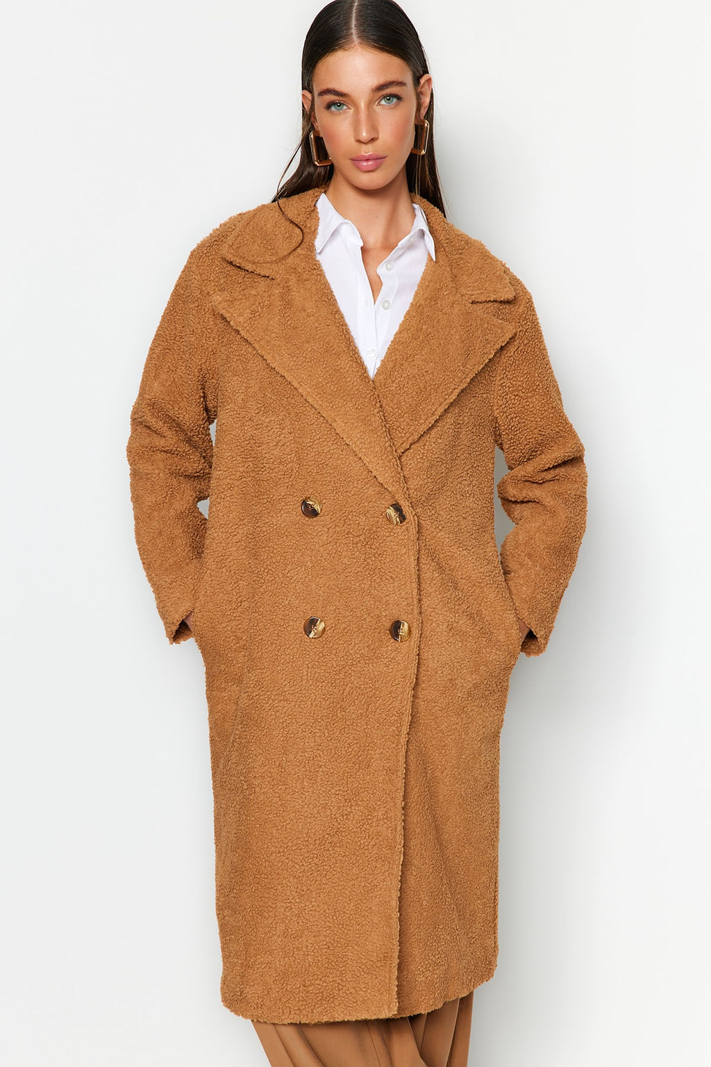 Camel Oversize Genis Kesim Uzun Buklet Kaban TWOAW24KB00037