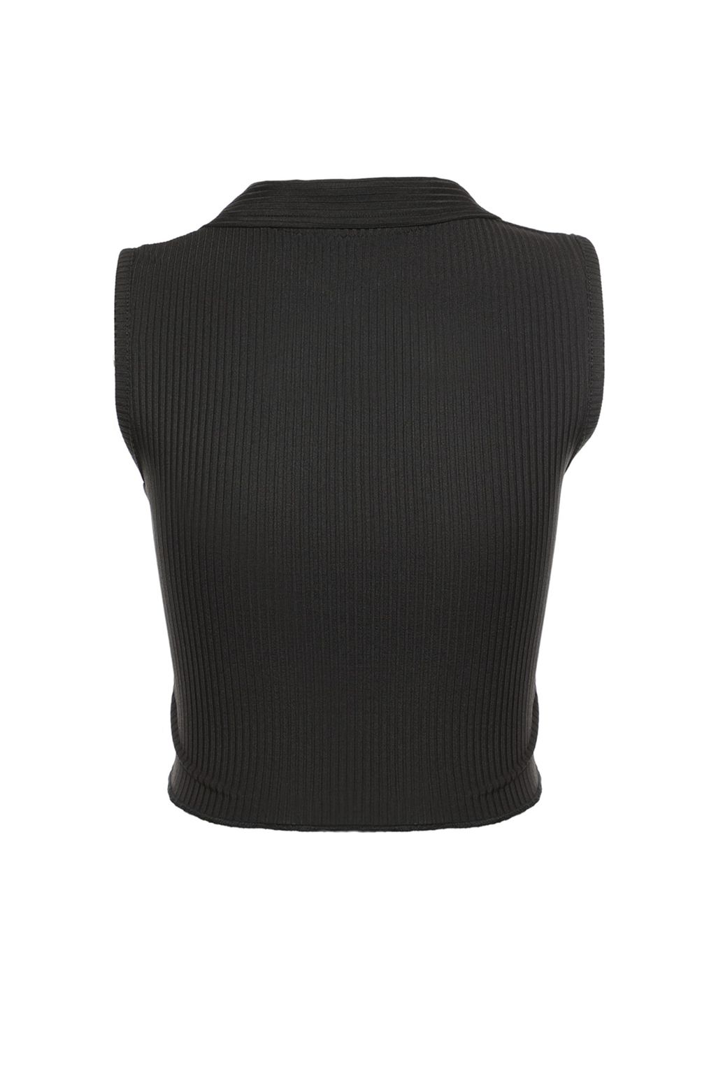 Siyah Fitted/Vucuda Oturan Polo Yaka Crop Esnek Orme Bluz TWOSS22BZ0335