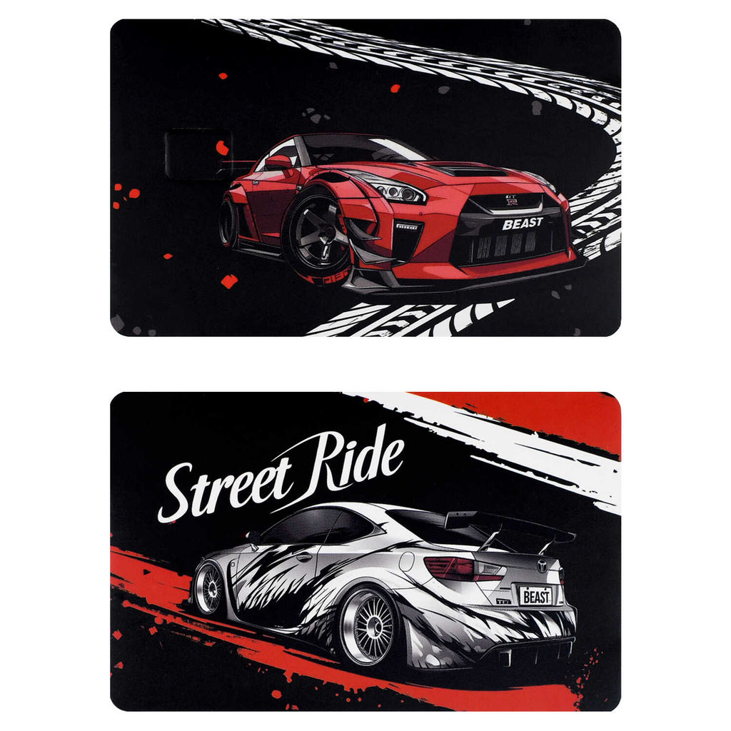 Наклейки на банковскую карту, арт. 71706 / 200 ГОРОДСКИЕ ГОНКИ (2 шт. в наборе, материал наклеек: ПВХ; цвет: чёрный, красный; декор: полноцветная печать; индивидуальная упаковка: подложка с европодвесом из мелованного картона + ПЭТ-пакет)