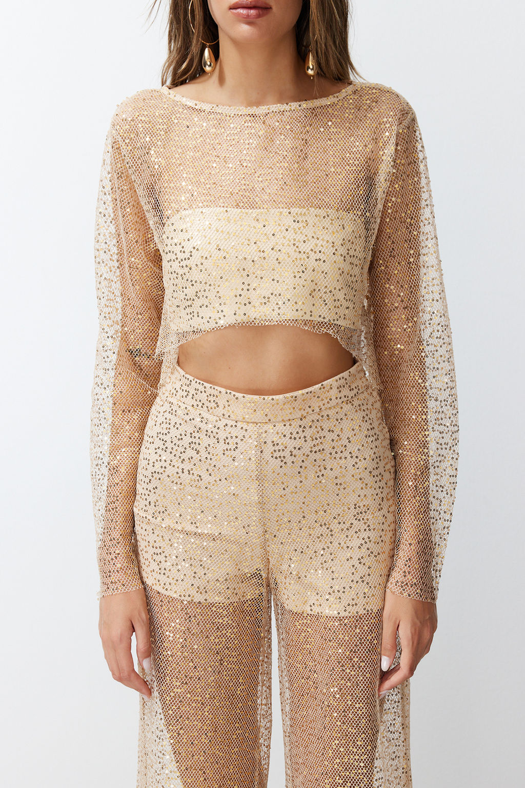Bej Crop Astars?z Par?lt?l? Payetli Orme File Bluz TPRSS24BZ00009 - Trendyolmilla фото 4