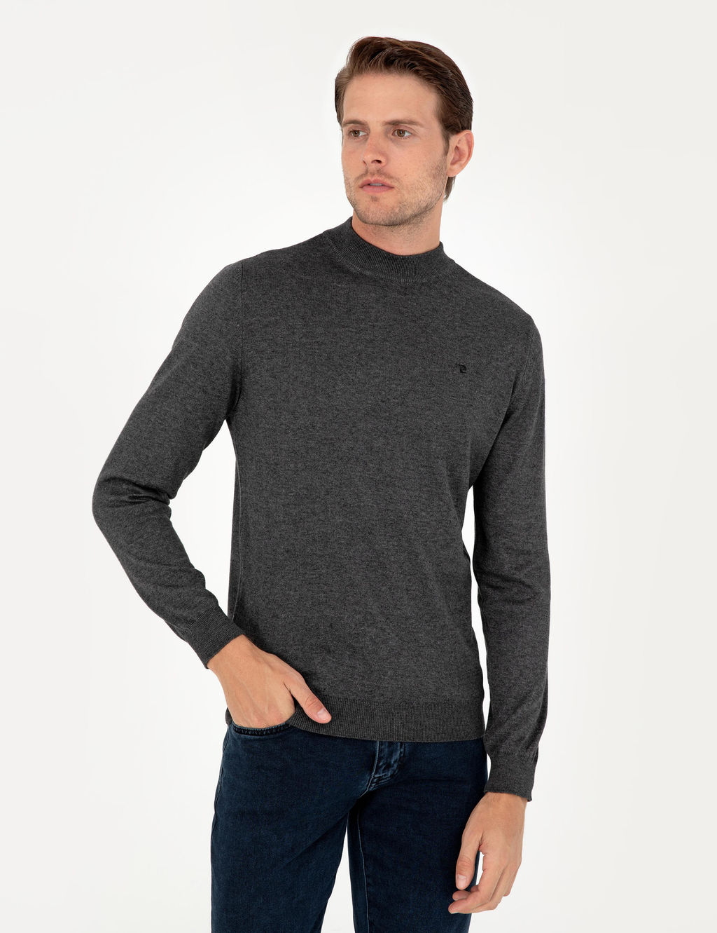 Antrasit Melanj Slim Fit Yar_m Bal_k__ Yaka Basic Triko Kazak