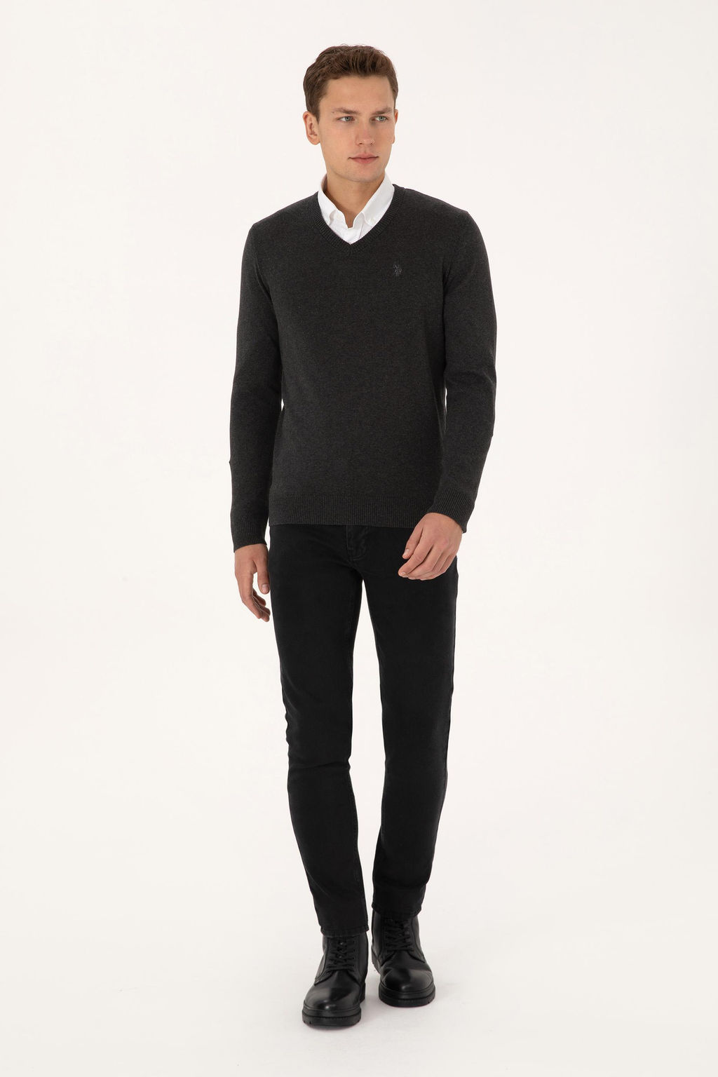 Erkek Slim Fit V Yaka Antrasit Melanj Basic Triko Kazak - U.s. polo assn фото 4