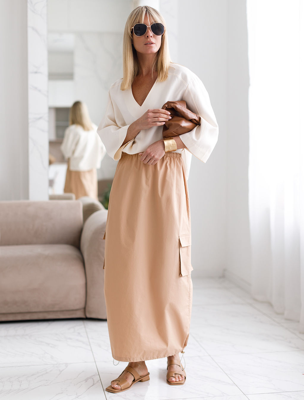 VILATTE / Юбка карго с кулисой внизу и резинкой на поясе из плотного поплина  фото 8