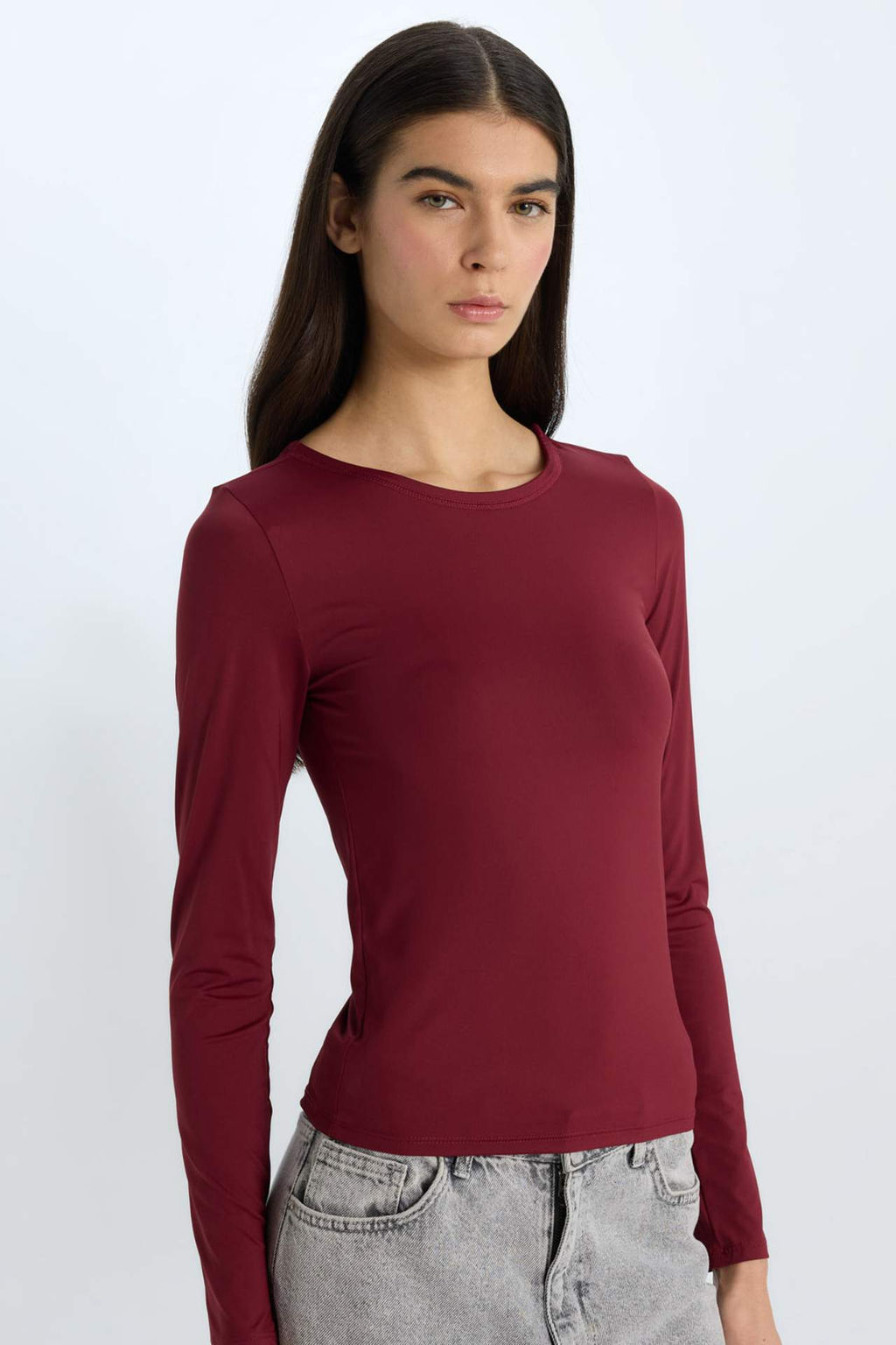 Siyah Slim Fit Dar Kesim Bisiklet Yaka Basic Duz Uzun Kollu Tisort - Defacto фото 2