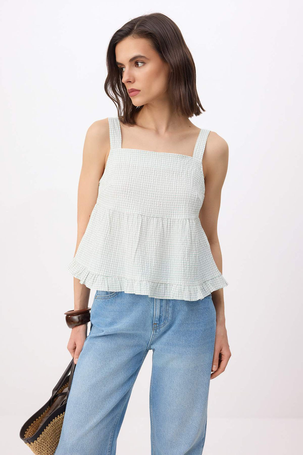 Cok Renkli Kareli S?rt? Baglama Detayl? Rahat Dokuma Bluz TWOSS26BZ00553