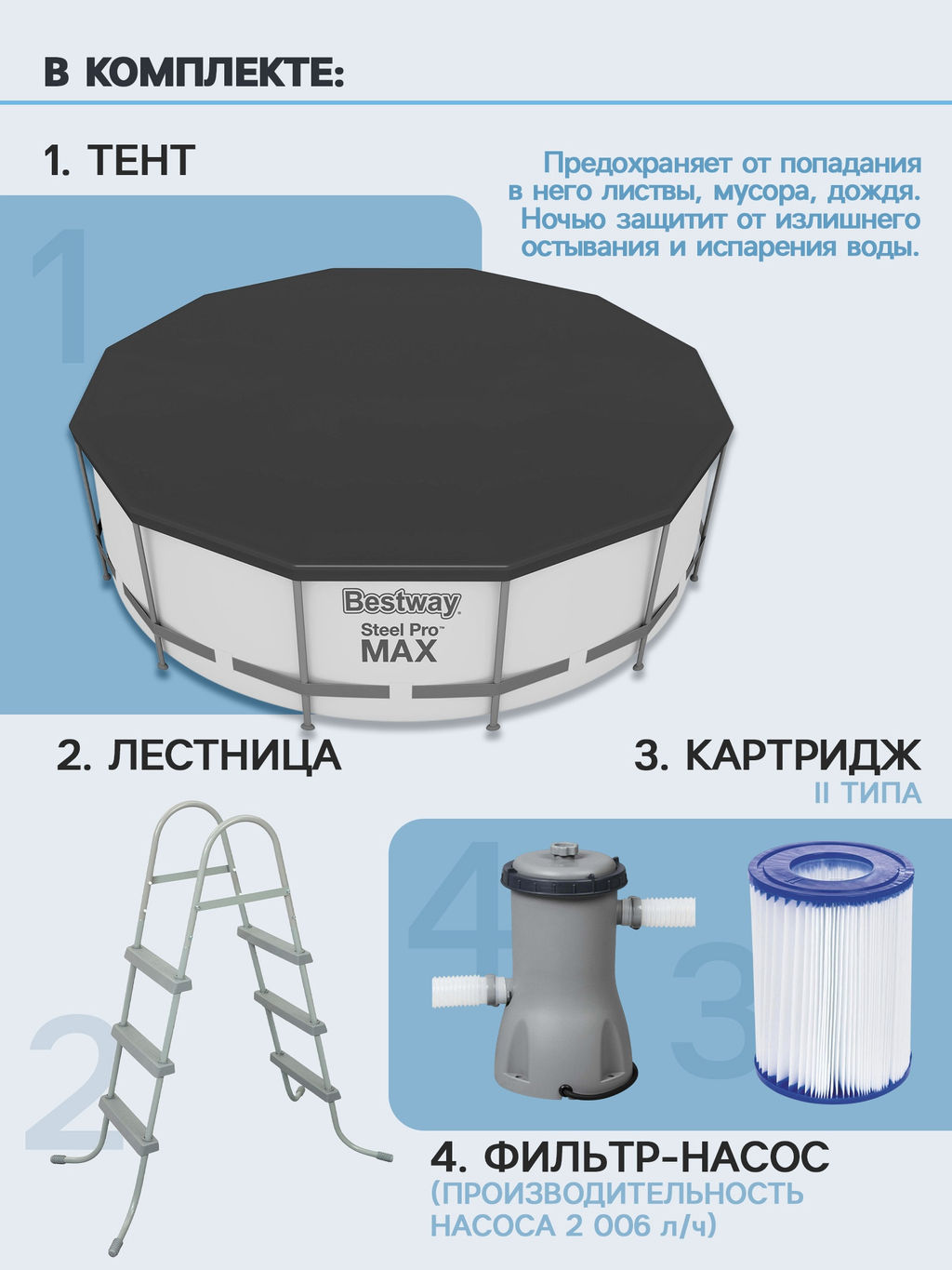 -14% Бассейн на опорах 366х122см (фильтр-насос 2.0м3 220В, лестница, тент) Bestway  фото 4