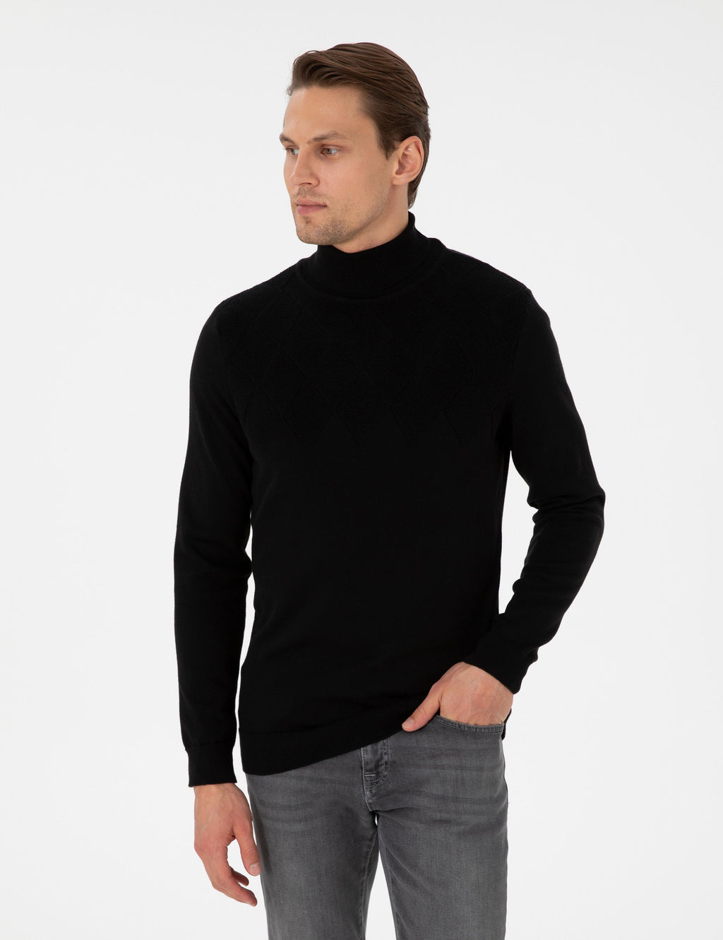 Siyah Slim Fit Yar_m Bal_k__ Yaka Triko Kazak
