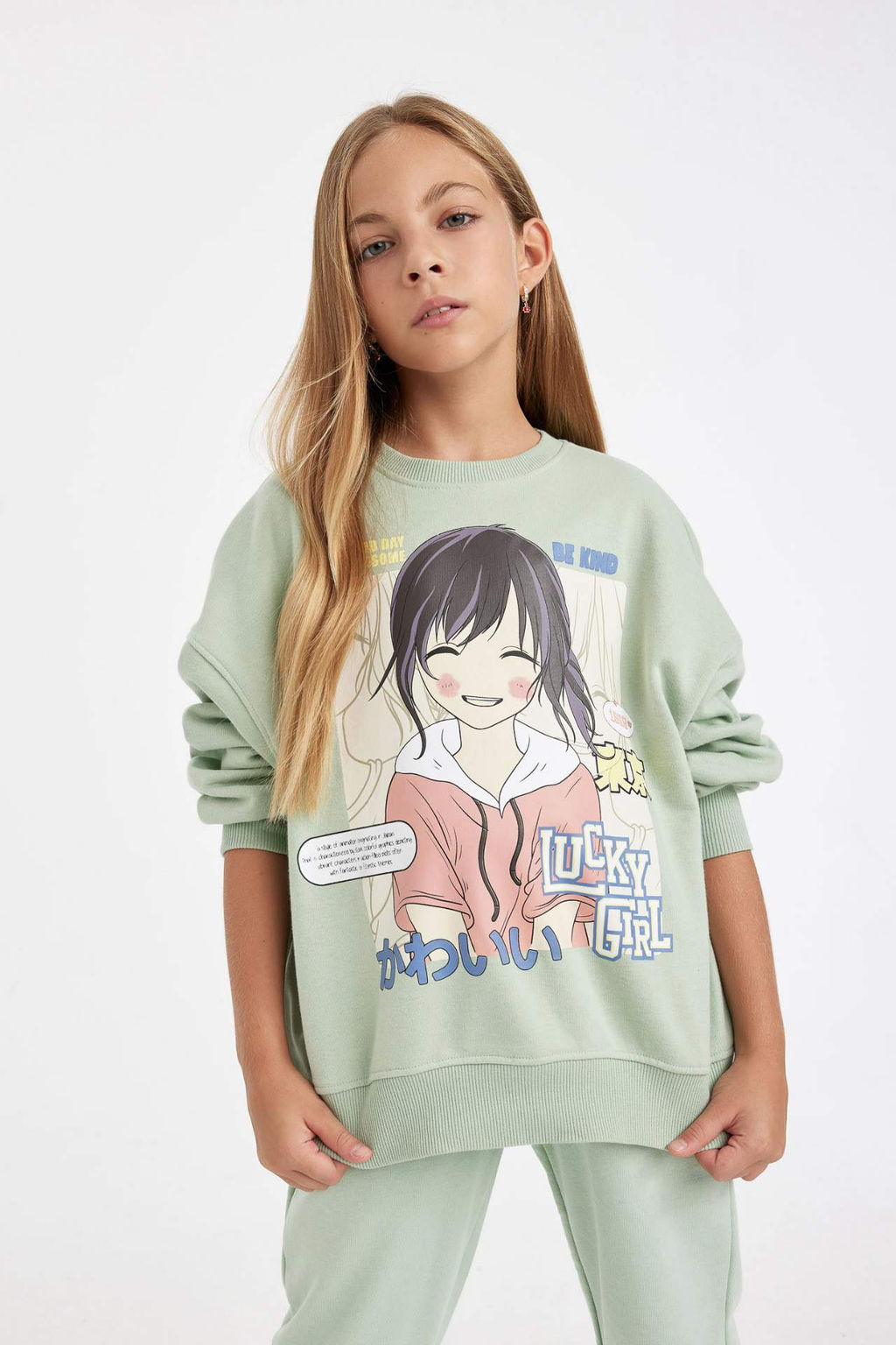 K?z Cocuk Oversize Genis Kal?p Bisiklet Yaka Bask?l? Sweatshirt - Defacto фото 4