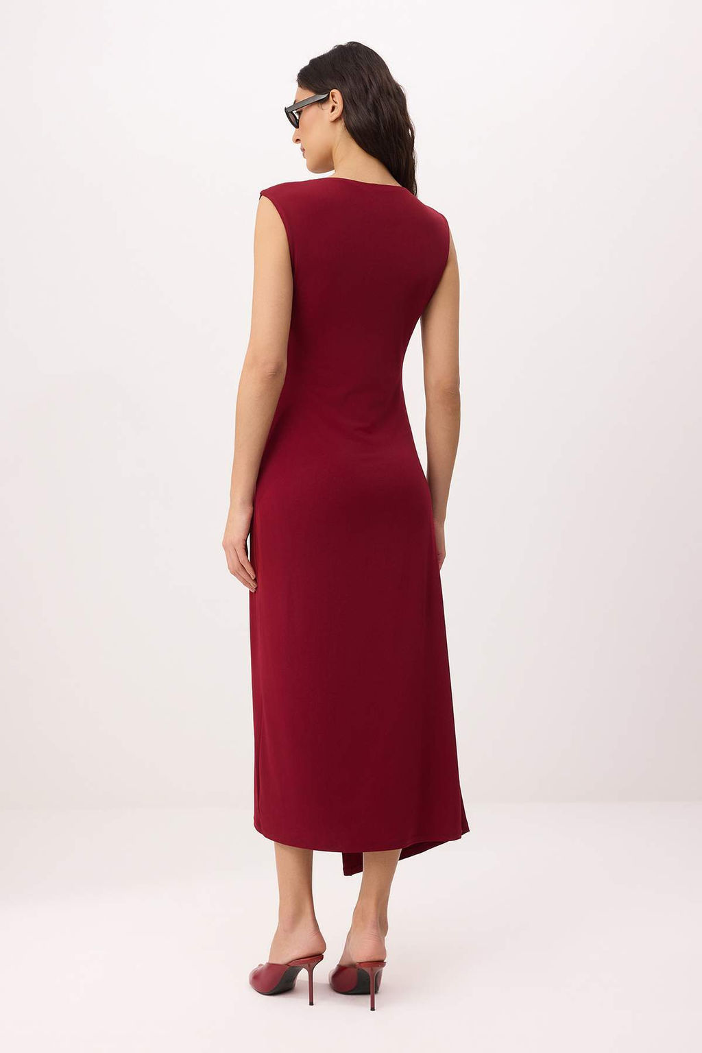 Bordo Duz A-line Bisiklet Yaka Kolsuz Buzgulu Midi Esnek Astarl? Orme Elbise TWOSS26EL00011