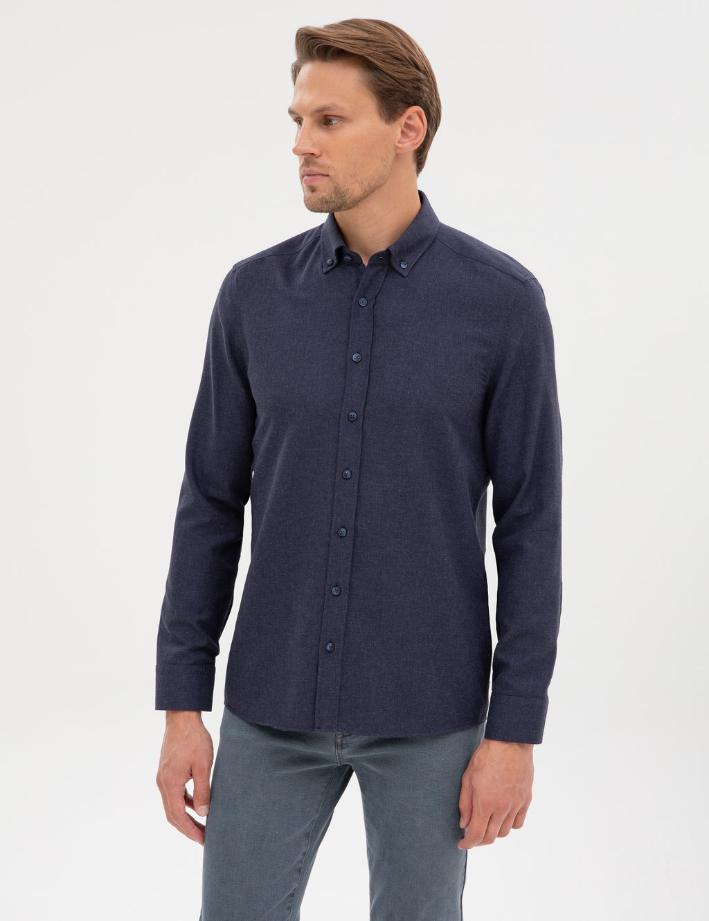 Lacivert Flanel Dokulu Slim Fit Uzun Kollu G_mlek