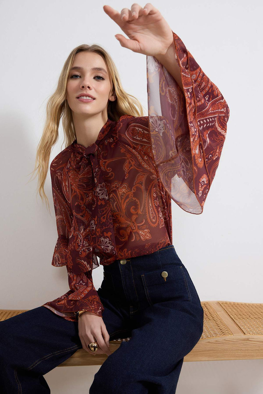 Bordo Sal Desenli Kollar? F?rf?rl? Boho Transparan Sifon Bluz TWOSS26BZ00218