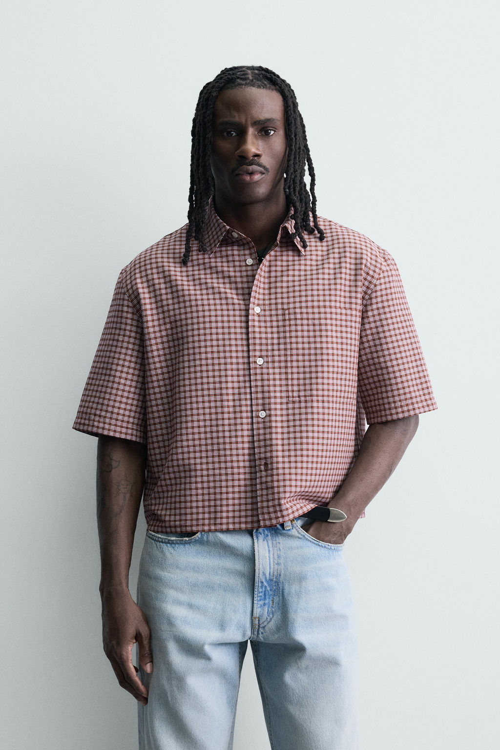 CAMISA CROPPED FIT CUADROS / Rojo oscuro - Zara фото 2