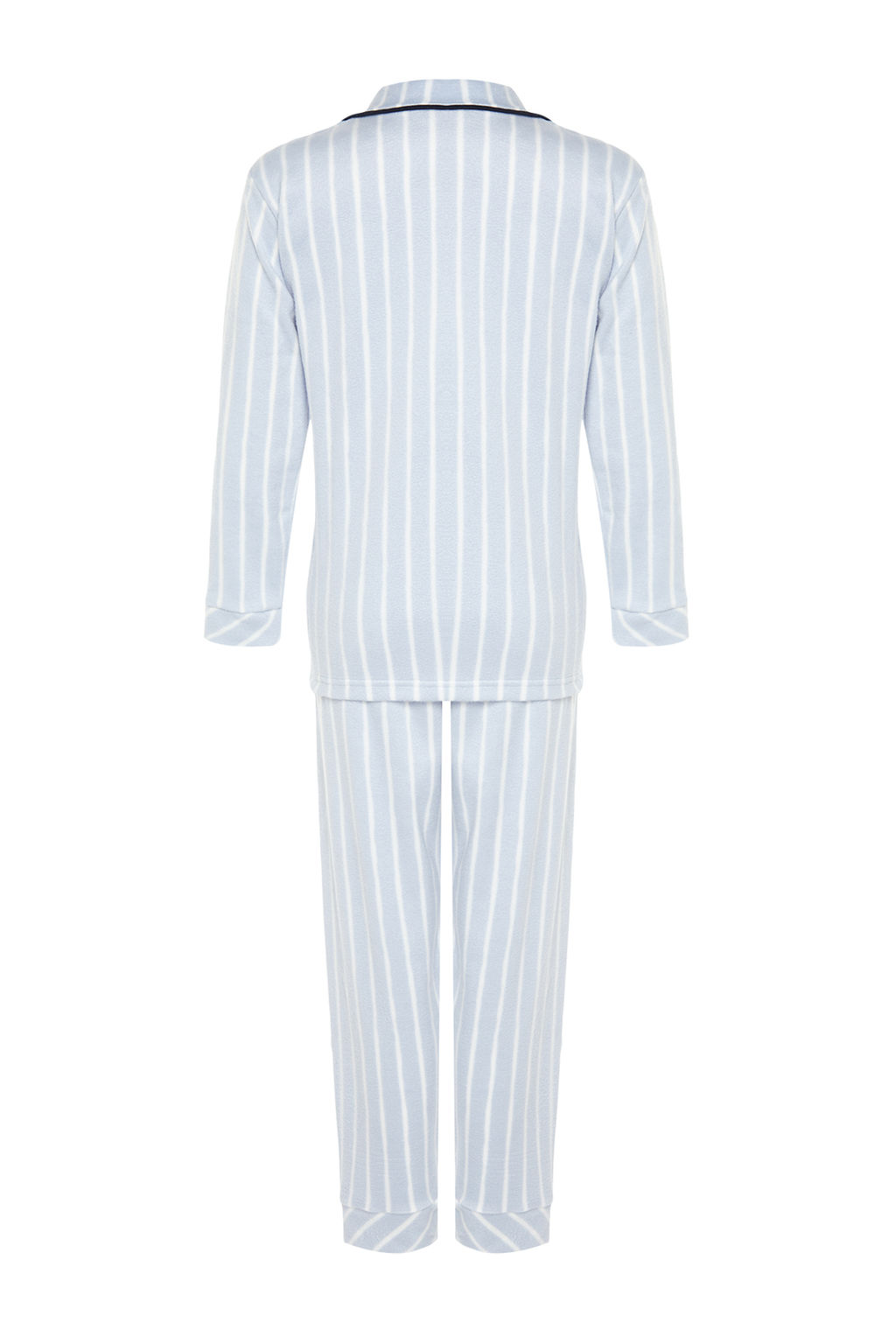 Mavi Cizgili Biye Detayl? Uyku Bantl? Polar K?sl?k Orme Pijama Tak?m? THMAW22PT0360