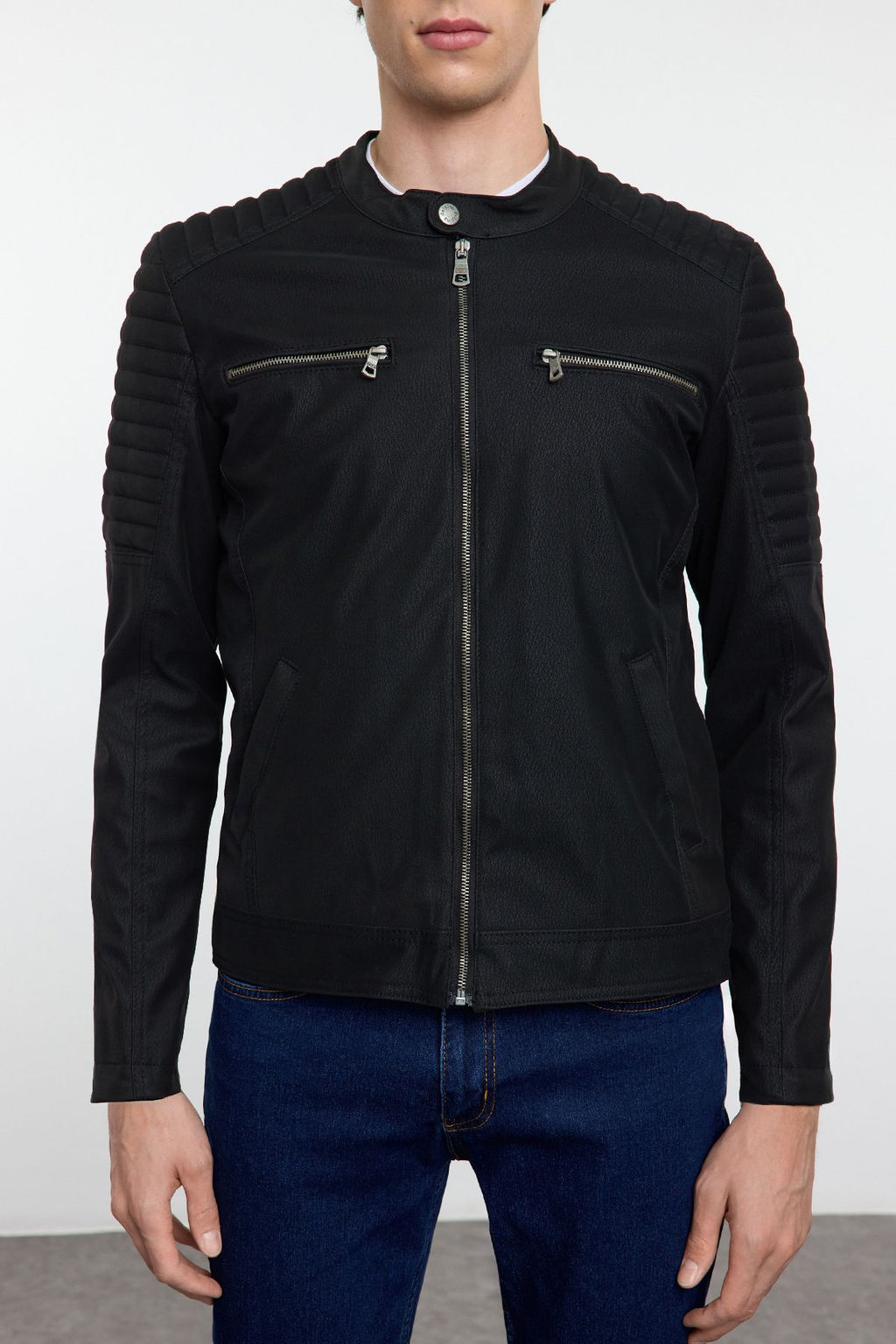 TRENDYOL MAN Siyah Slim Fit Fermuar Detayl? Deri K?sl?k Ruzgara ve Suya Dayan?kl? Biker Ceket Mont TMNAW25MO00046 - Trendyolmilla фото 5