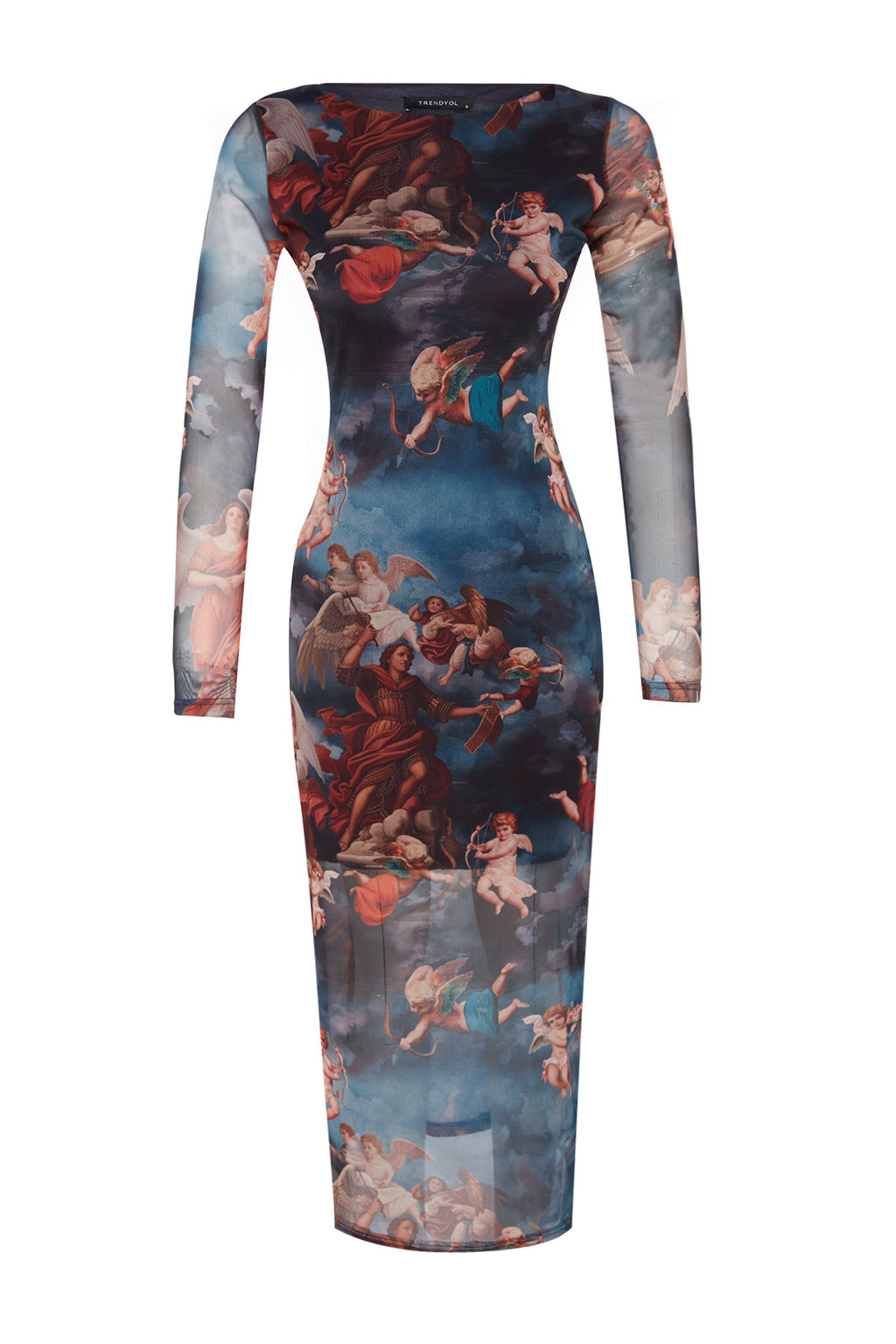 TRENDYOLMILLA Cok Renkli Bisiklet Yaka Bask?l? Astarl? Vucuda Oturan Tul Midi Orme Orme Elbise TWOAW24EL00605 фото 13