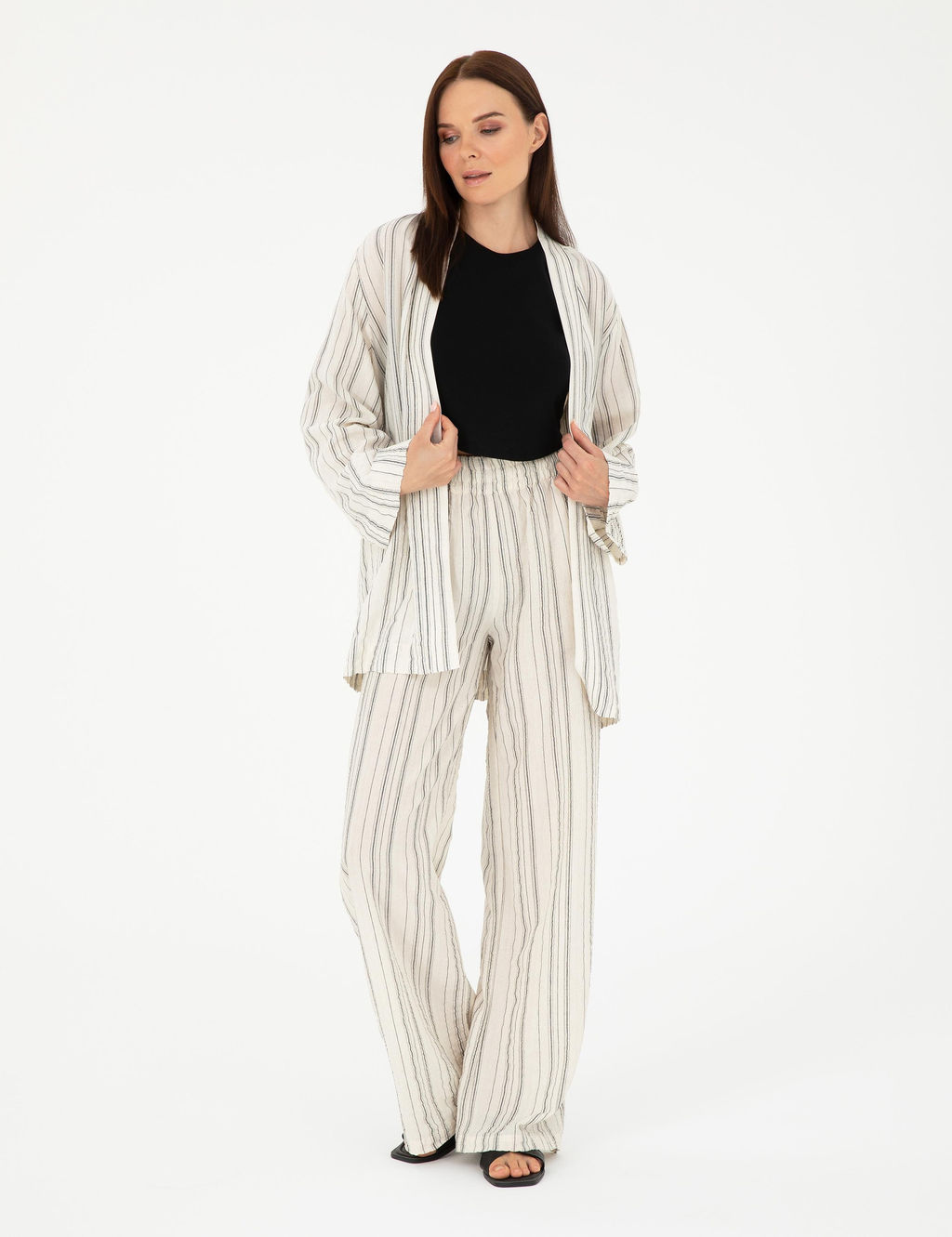 Ekru Dokulu Y_ksek Bel Loose Fit Pantolon