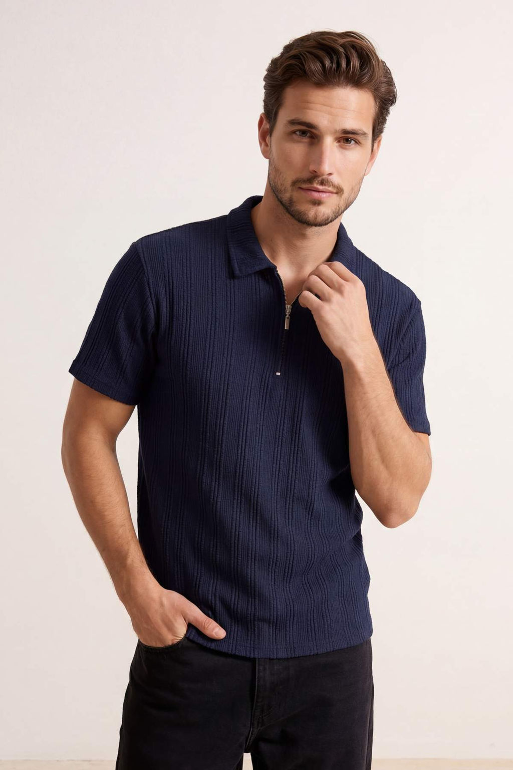 Lacivert Regular Fermuarl? Dokulu Orme Polo Yaka T-shirt TMNSS26PO00019