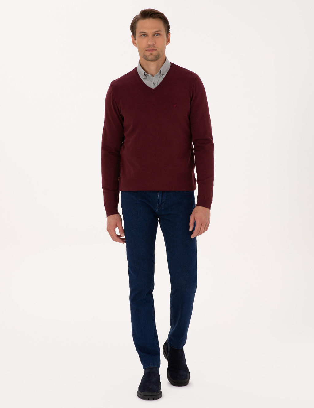 Koyu Bordo Slim Fit V Yaka Basic Triko Kazak - Pierre cardin фото 4