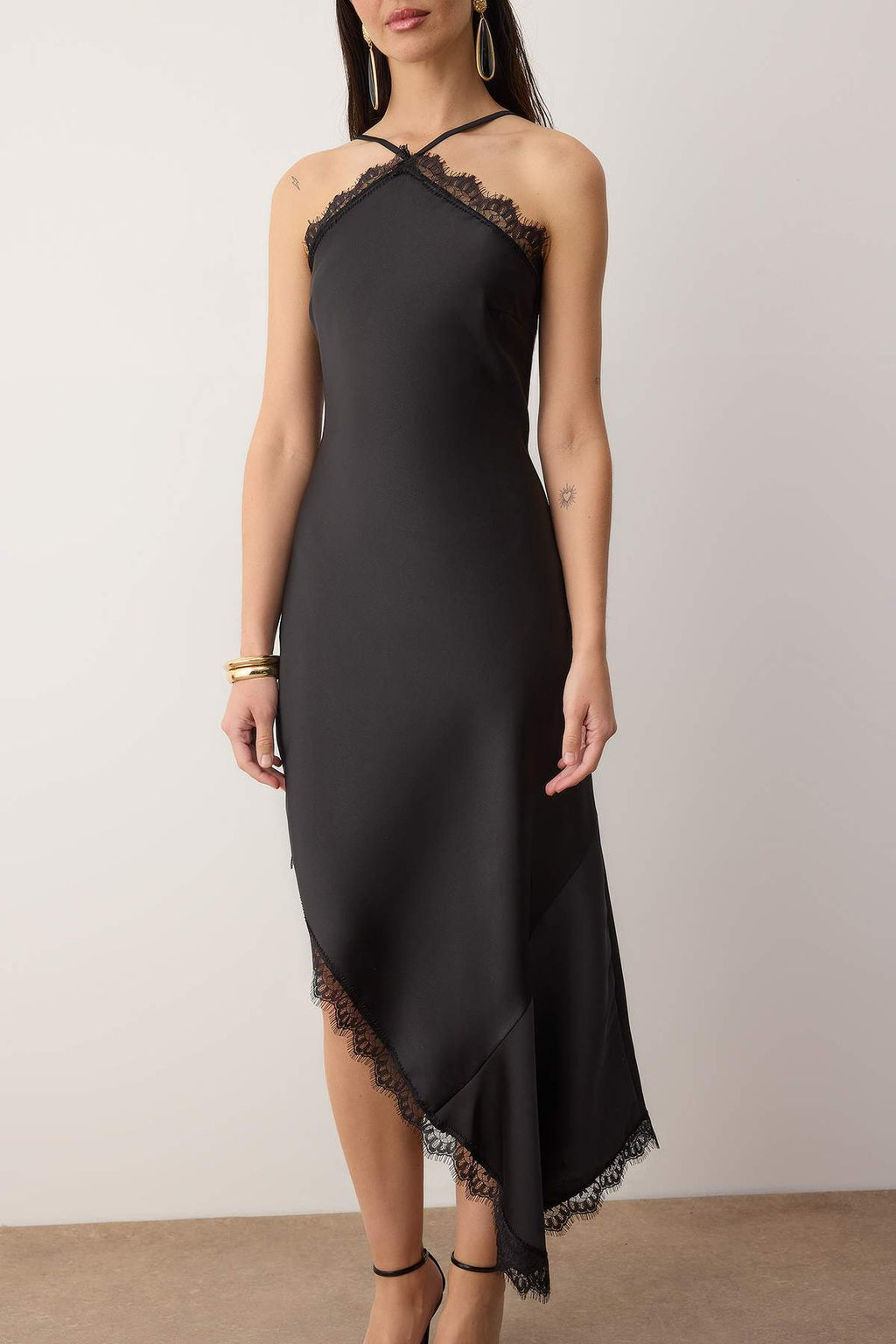 Siyah Duz Dantel Detayl? Dokuma Saten Midi Astars?z S?k/Gece Elbise - Trendyolmilla фото 3