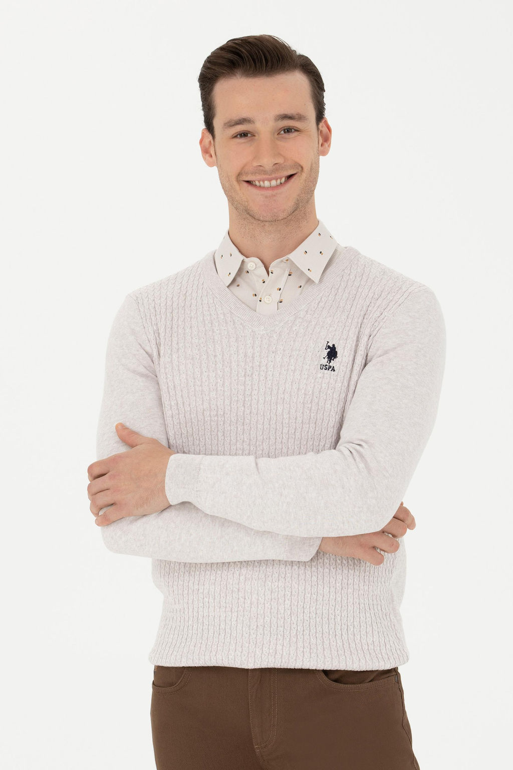 Свитер мужской U.S. Polo Assn каменный меланж хлопок  фото 8