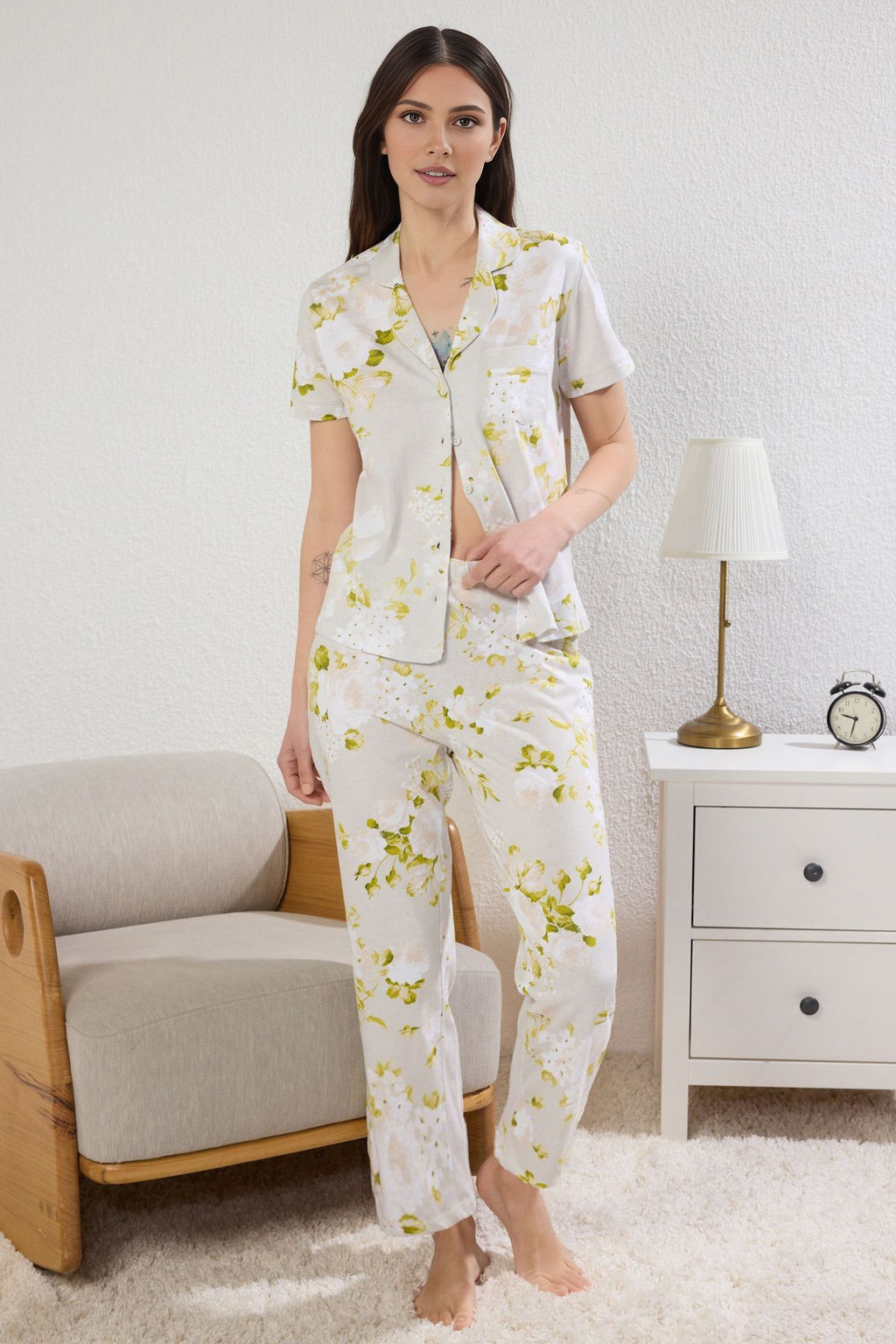 Trendyolmilla Mavi %100 Pamuklu Cicek Desenli Orme Pijama Tak?m? THMSS20PT0062  фото 10