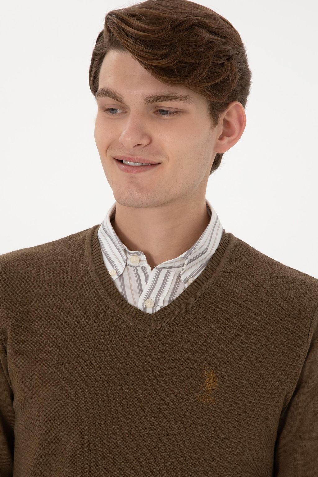 Erkek Slim Fit V Yaka Haki Basic Kazak