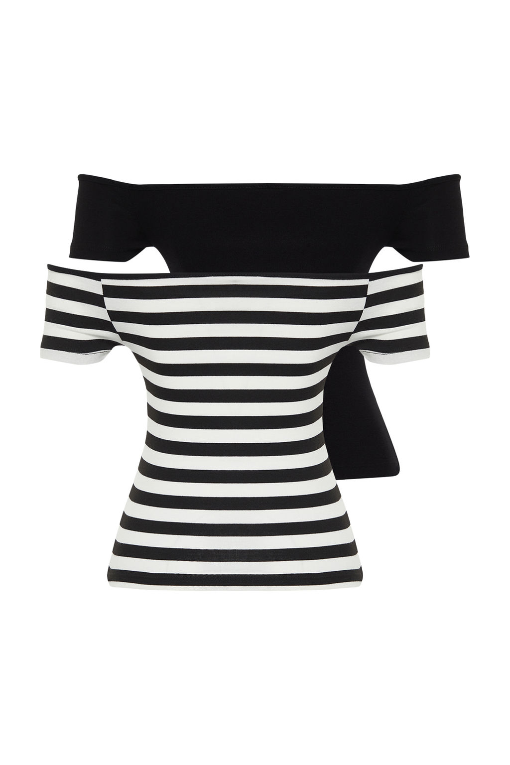 Trendyolmilla 2li Paket Siyah Beyaz Cizgili-Siyah Duz Carmen Yaka Crop Esnek Orme Bluz TWOSS24BZ00310  фото 8