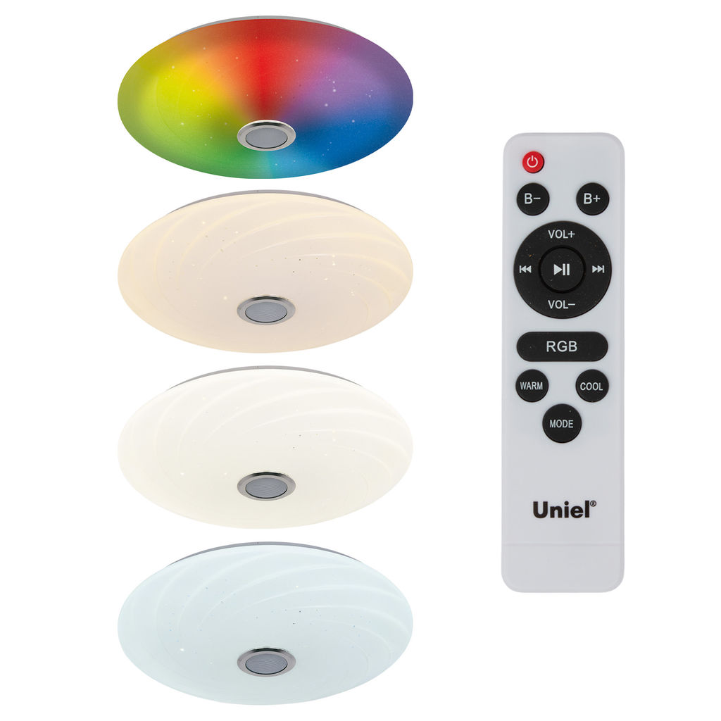 ULI-D291 72W/SW+RGB/50 MERCURY Cветильник светодиодный накладной. Диммируемый. Пульт ДУ (в/к). Встроенная Bluetooth колонка. Теплый свет(3000К)/Белый свет(4000К)/Дневной свет(6500К)/RGB. 5700Лм. TM Uniel - Volpe фото 6